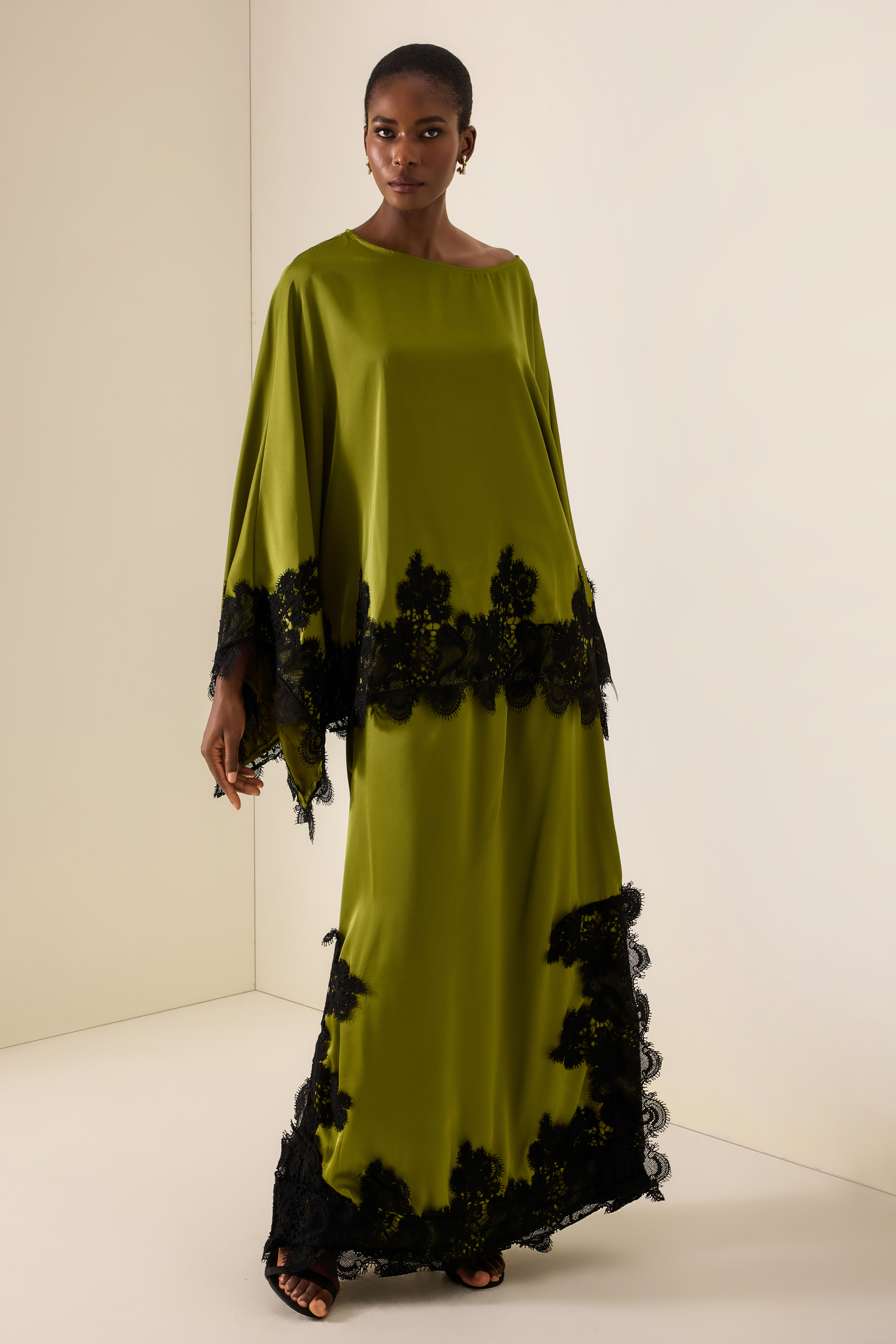 Lace Skew Collar Batwing Sleeve Top & Mid Waist Maxi Skirt Set