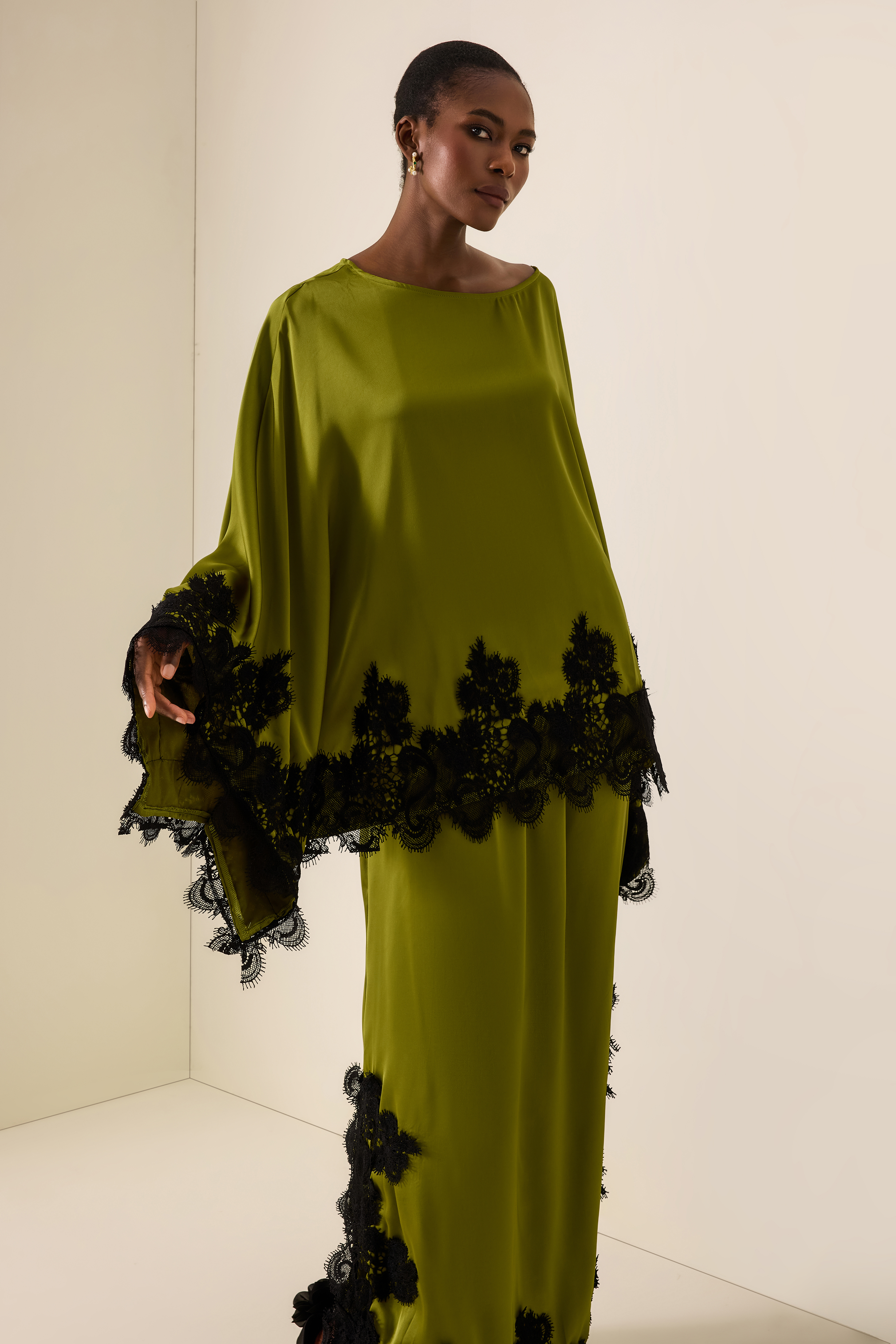Lace Skew Collar Batwing Sleeve Top & Mid Waist Maxi Skirt Set
