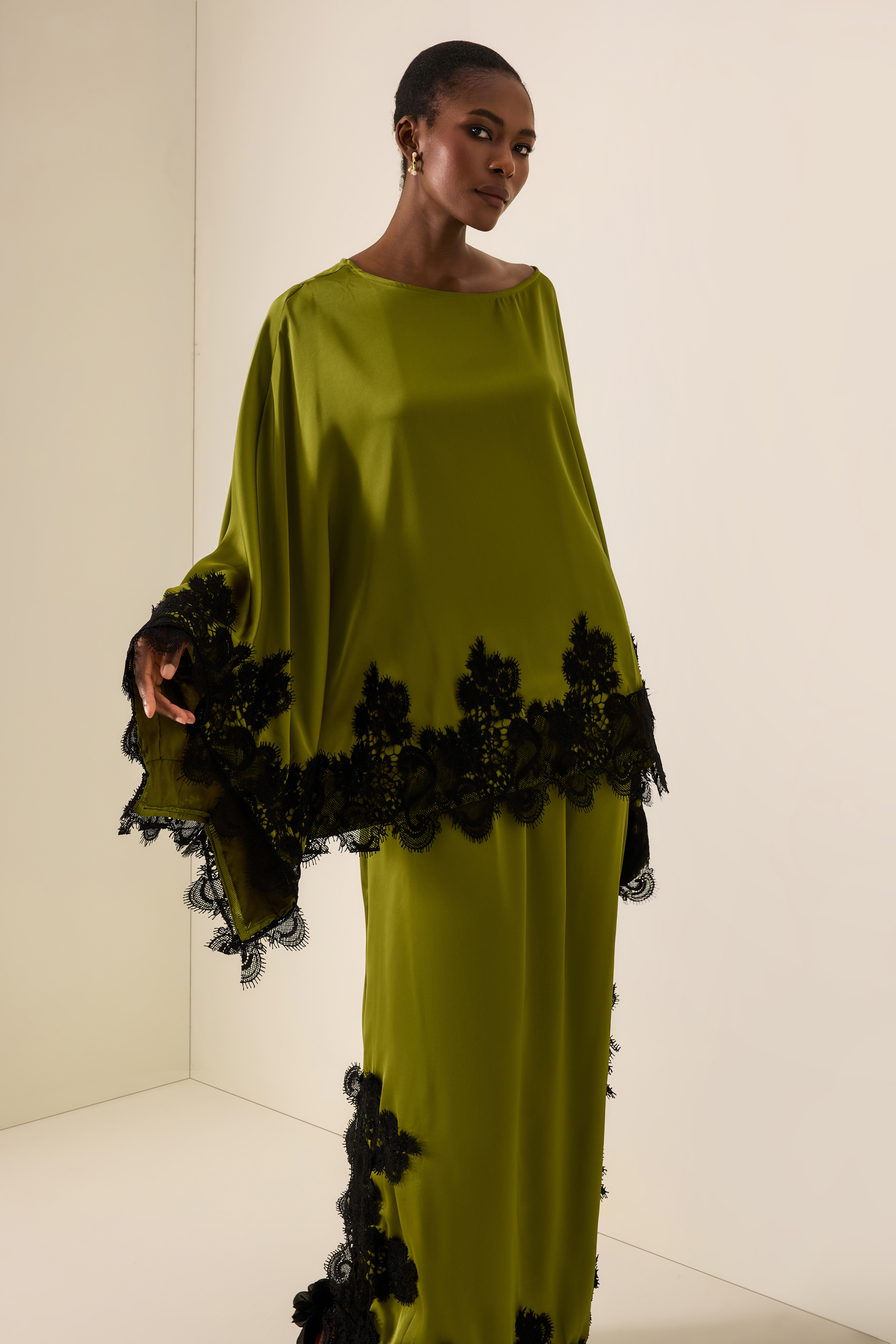 Lace Skew Collar Batwing Sleeve Top & Mid Waist Maxi Skirt Set