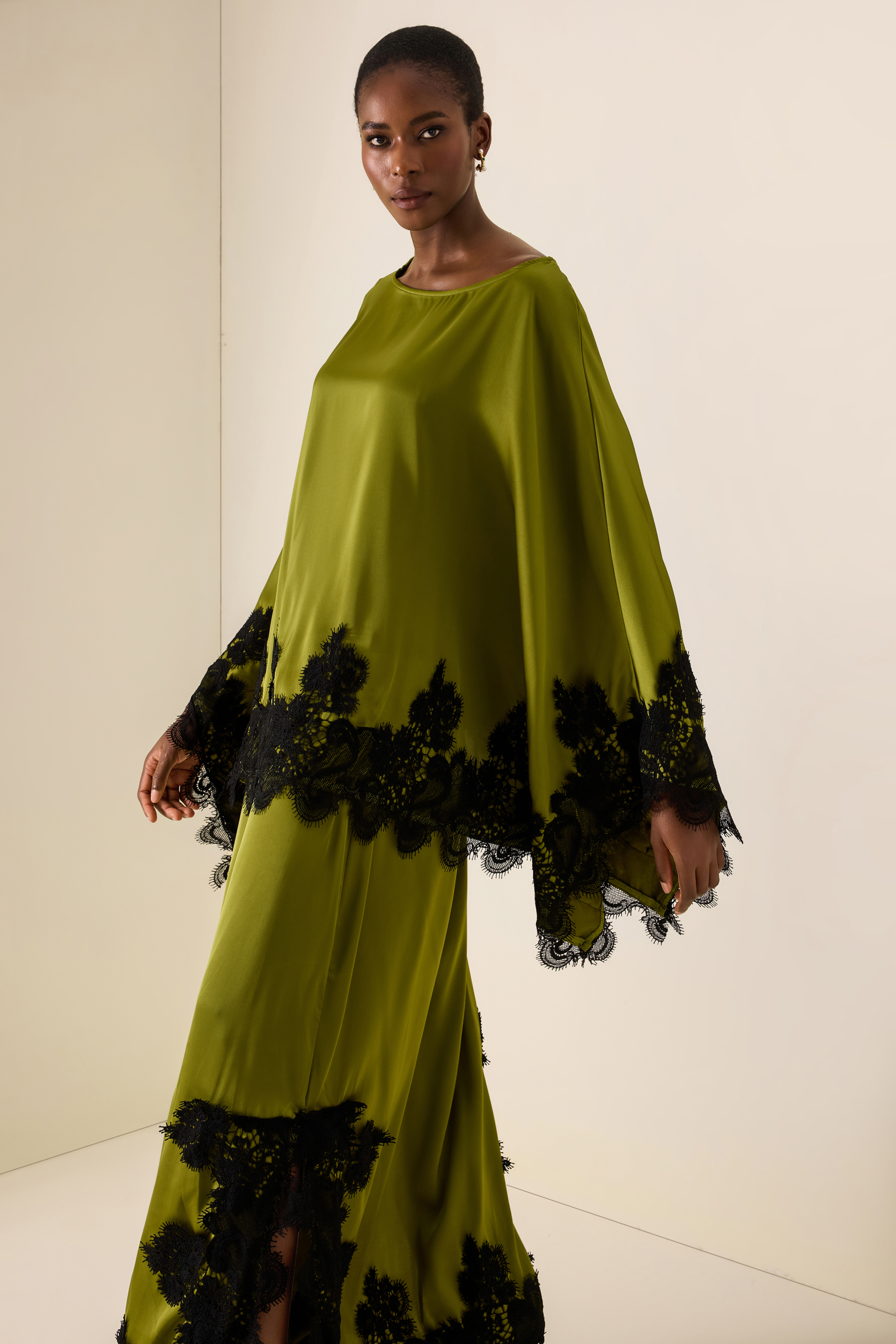 Lace Skew Collar Batwing Sleeve Top & Mid Waist Maxi Skirt Set
