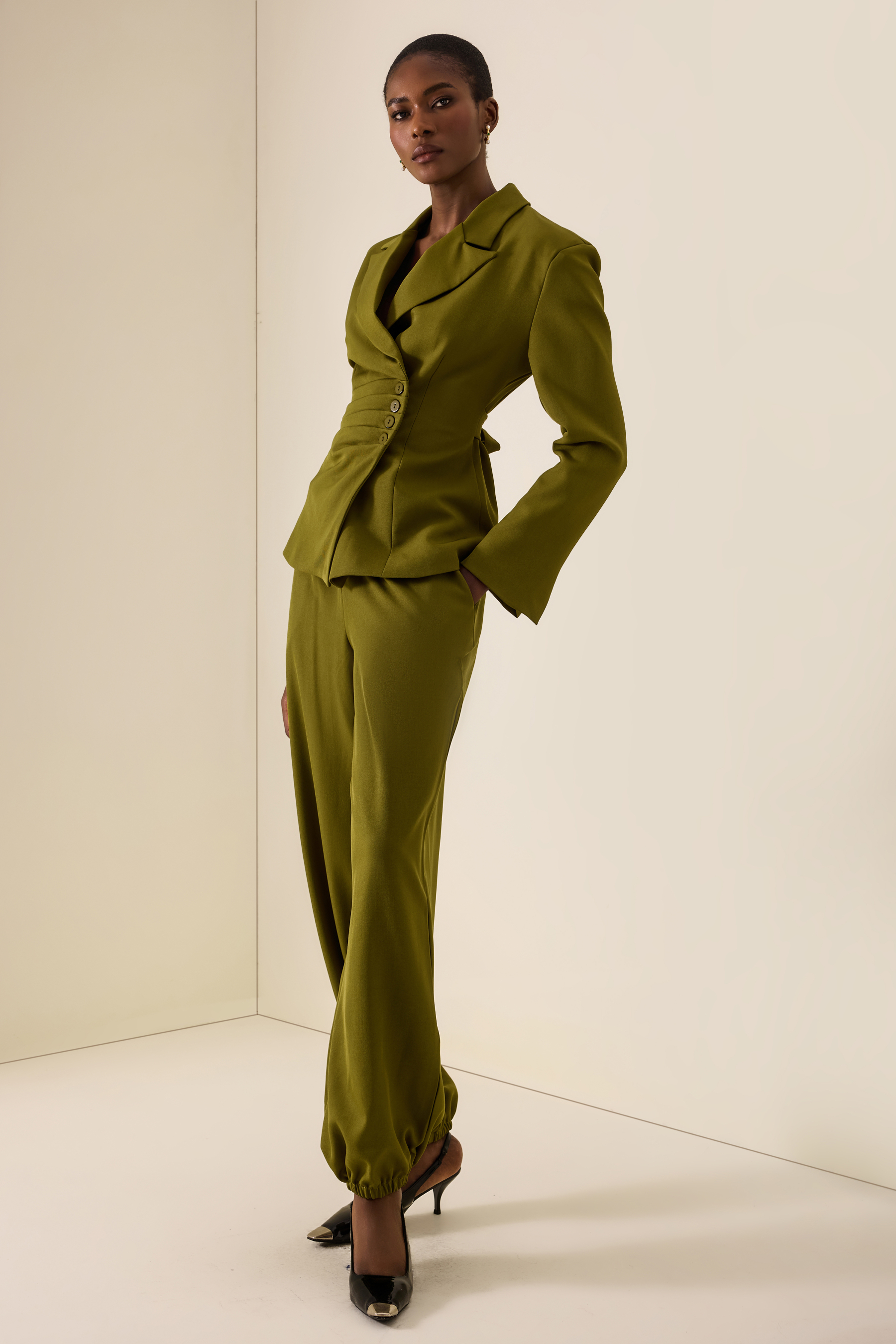 Ruched Button Blazer & High Waist Pants Set
