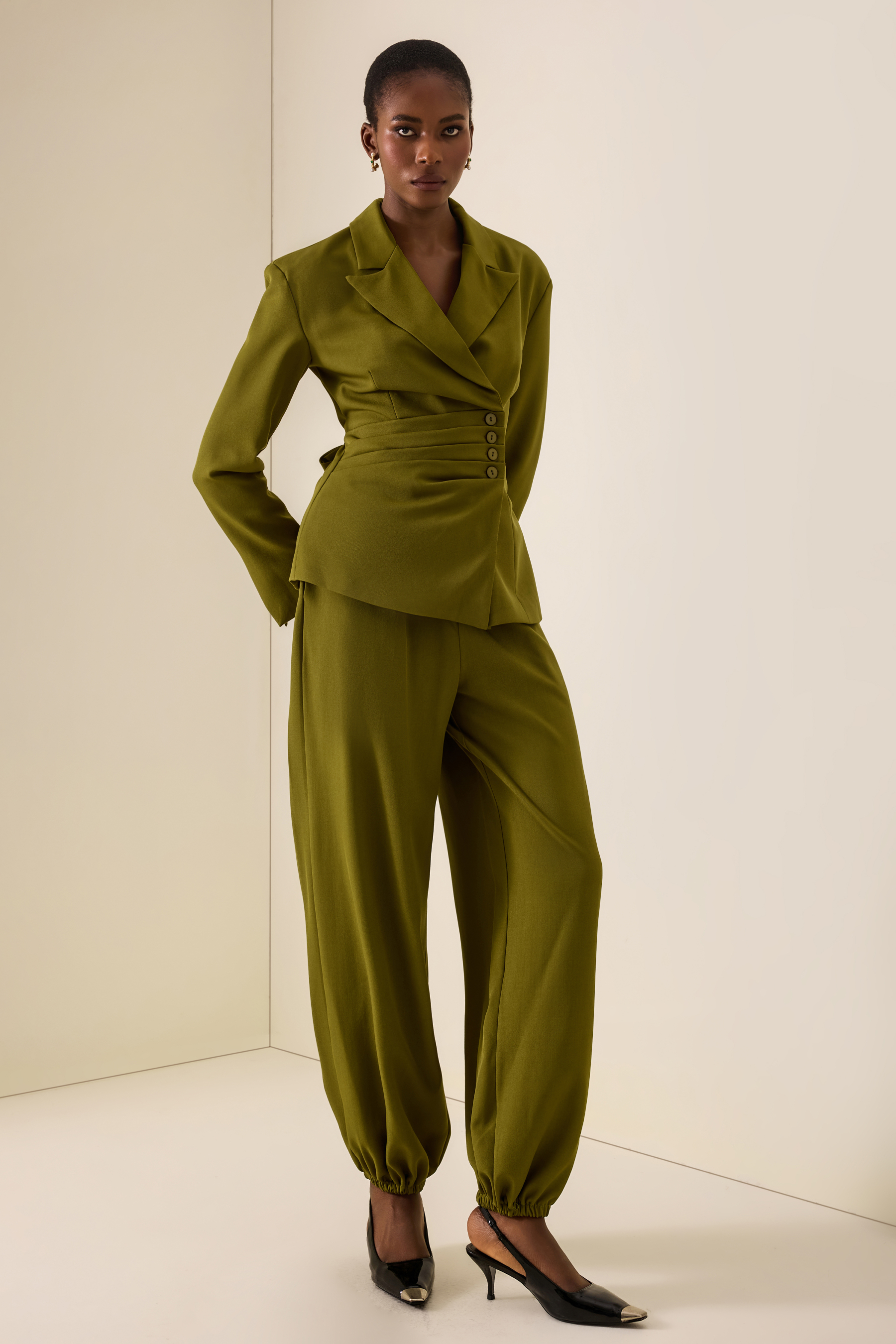 Ruched Button Blazer & High Waist Pants Set