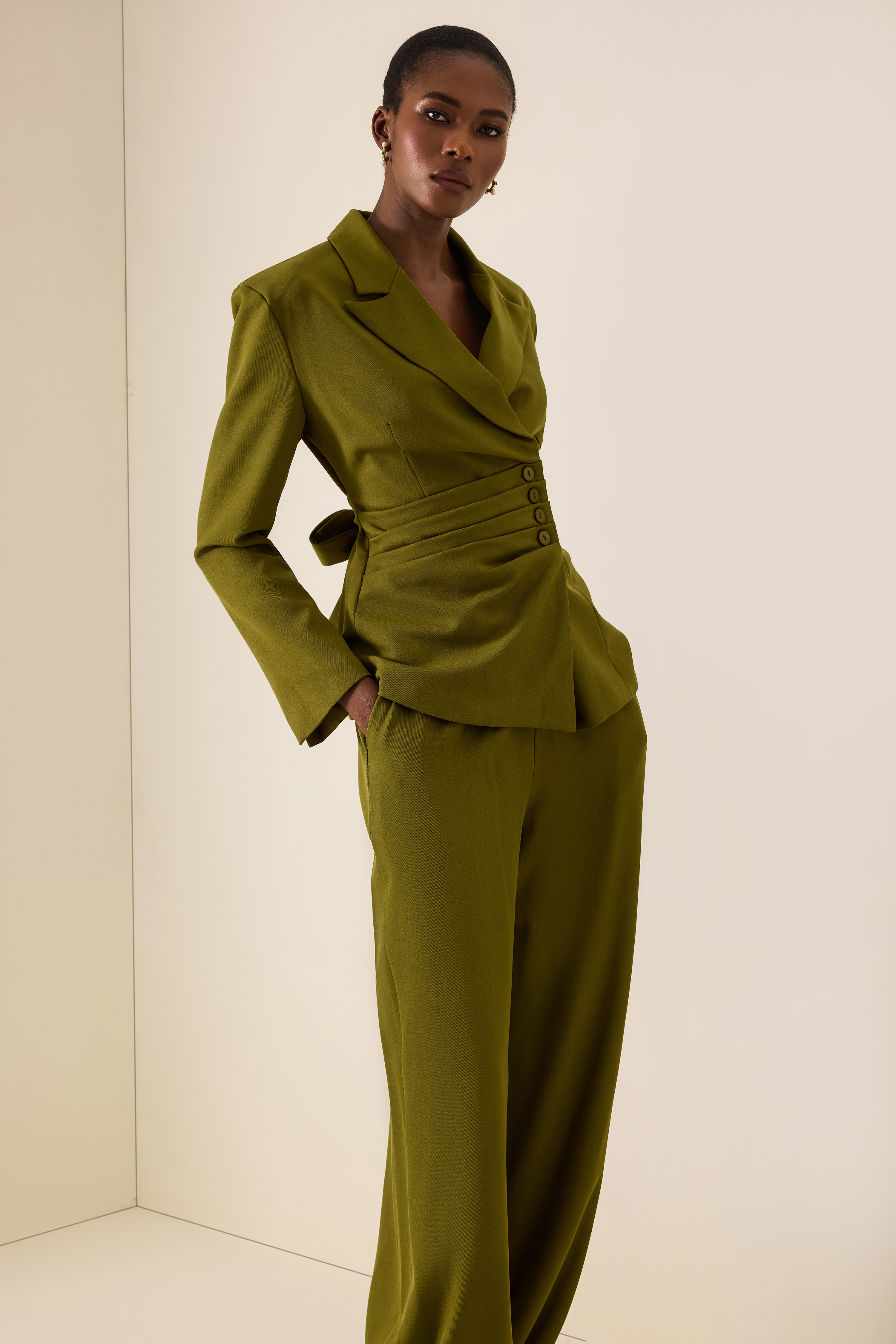 Ruched Button Blazer & High Waist Pants Set