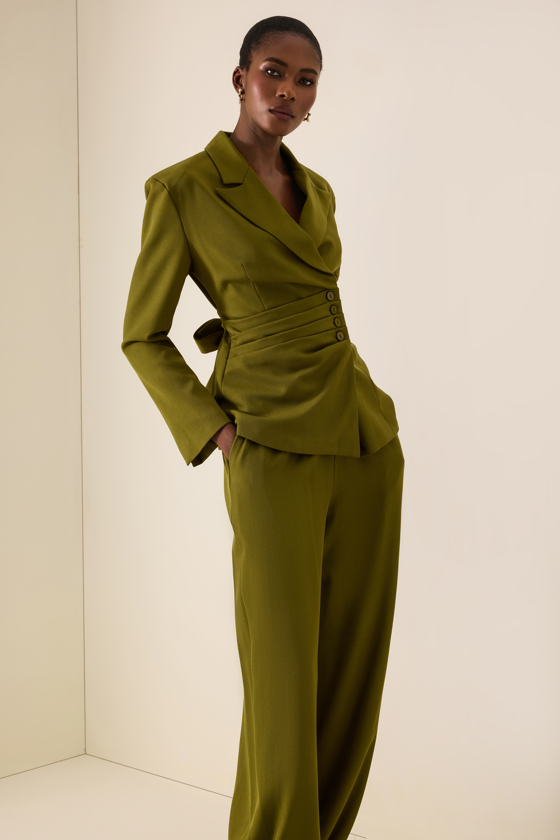 Ruched Button Blazer & High Waist Pants Set