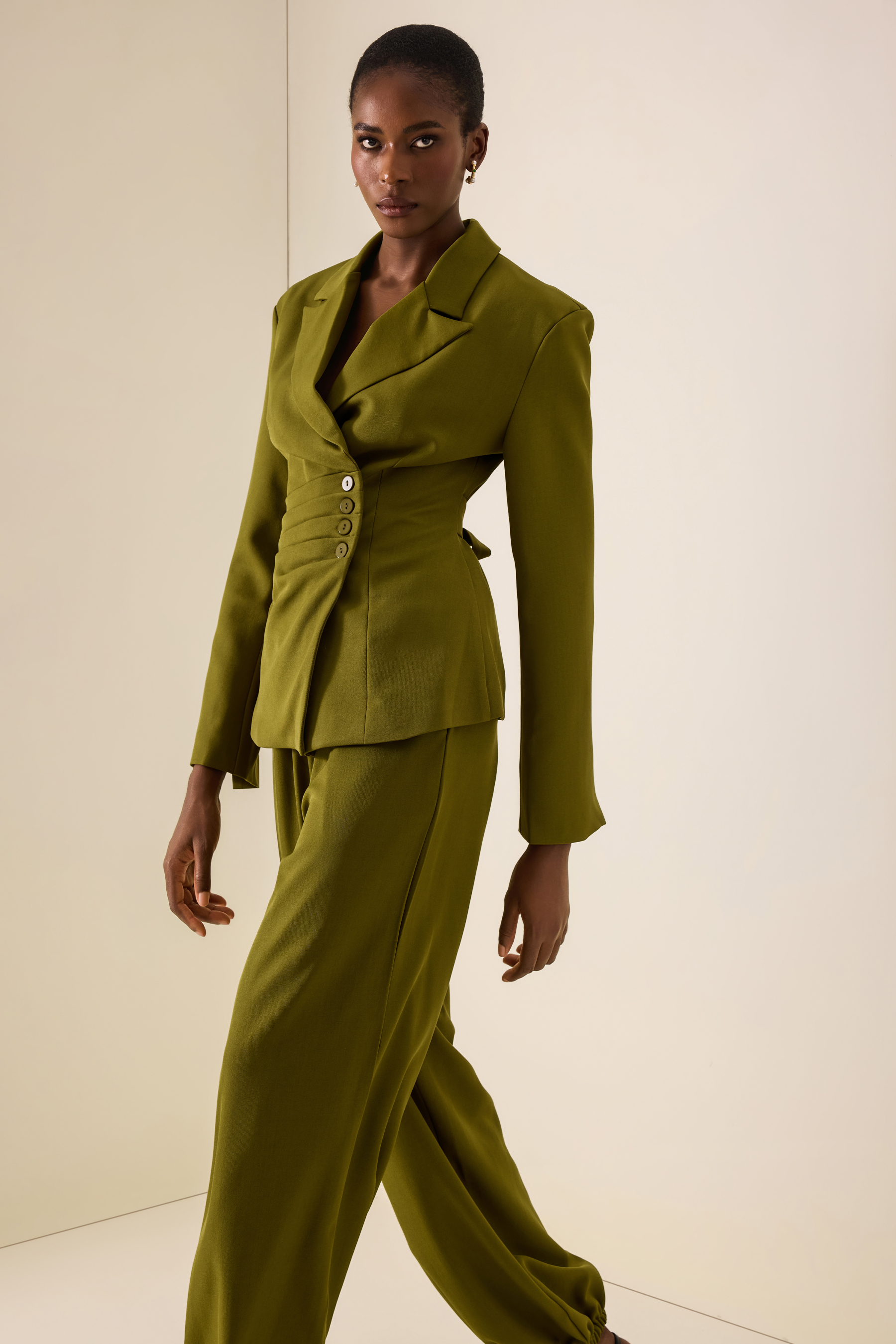 Ruched Button Blazer & High Waist Pants Set