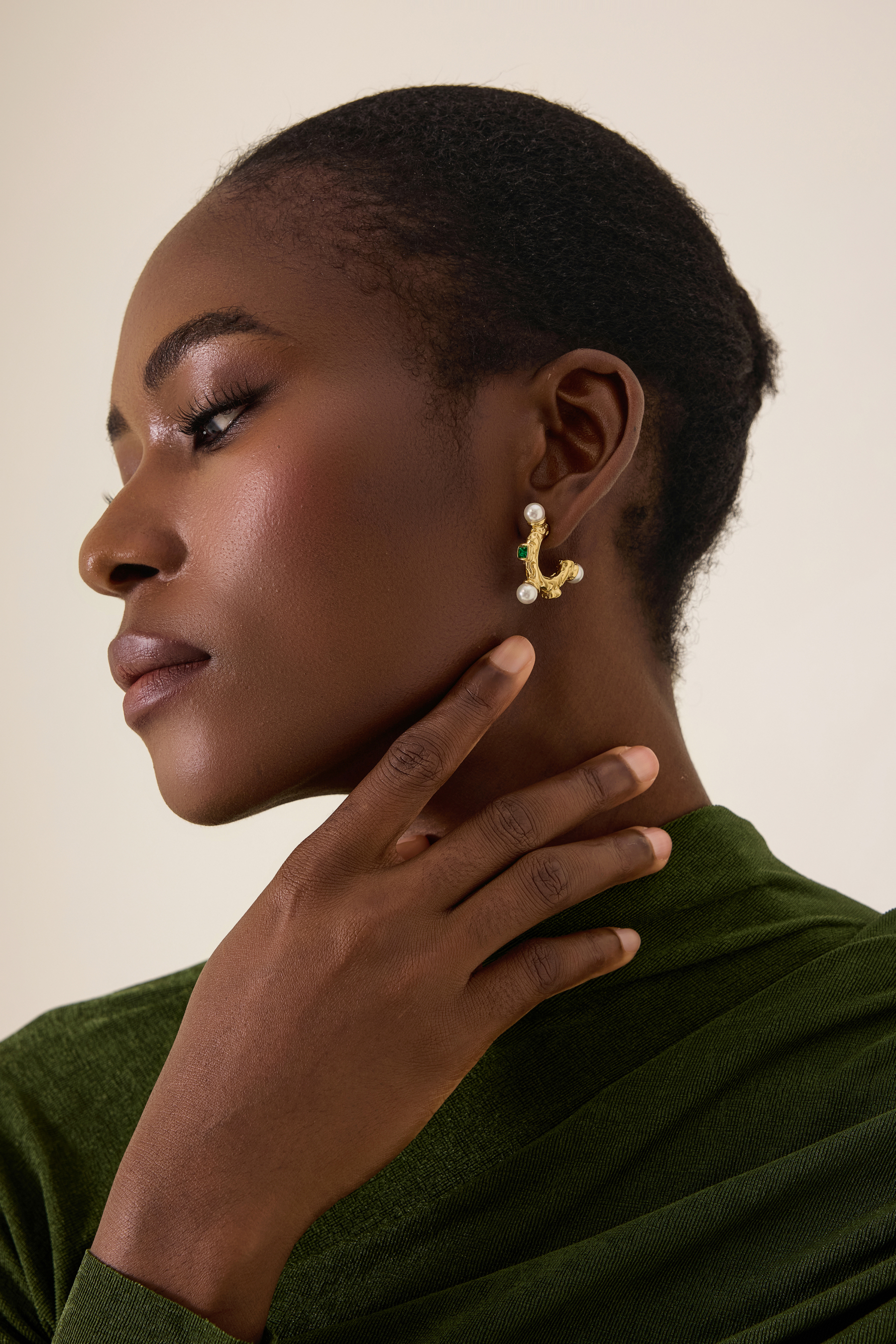 Gold Faux Pearl Textured Huggie Hoop Earrings