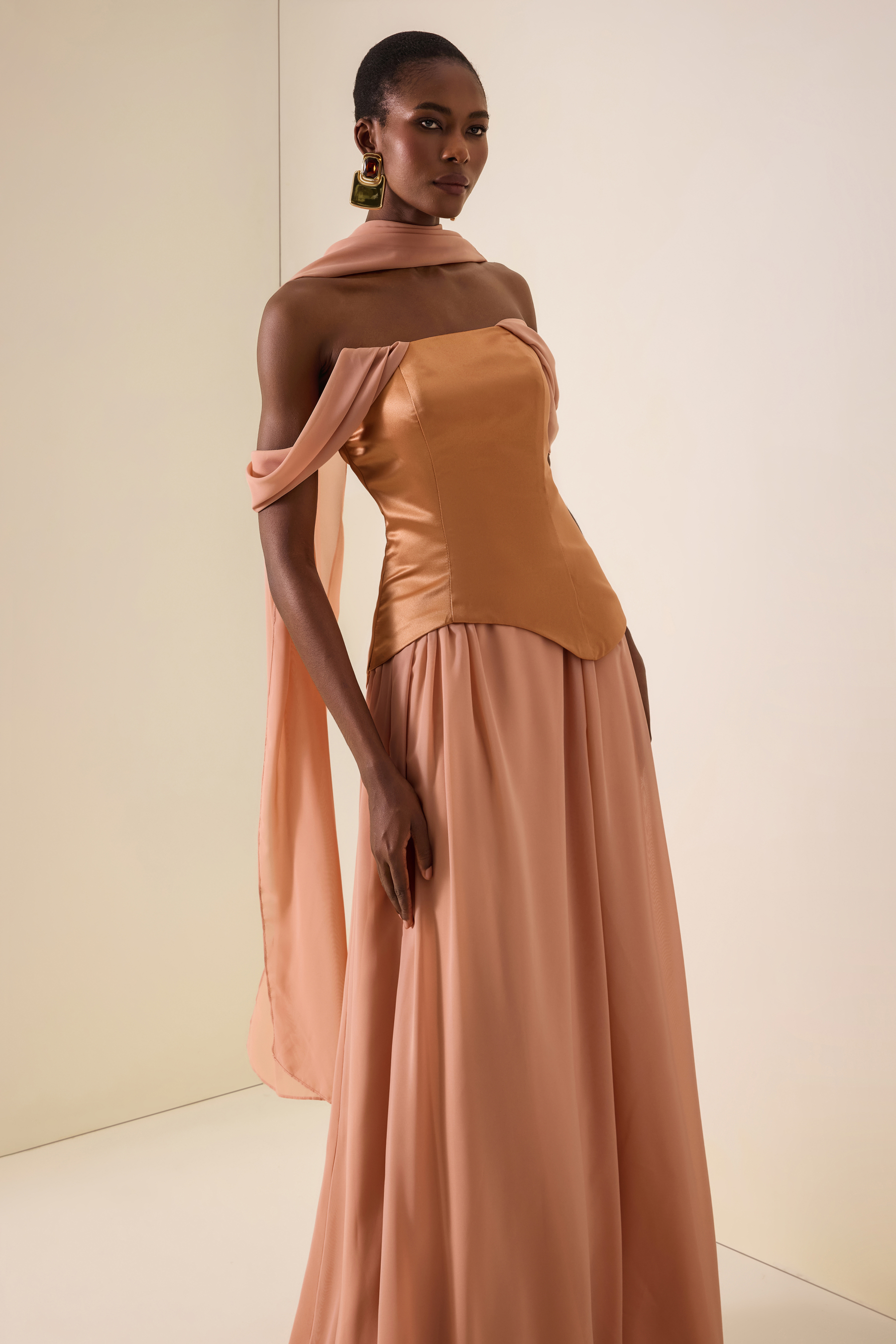 Ruched Off Shoulder Maxi Dress With Ribbon