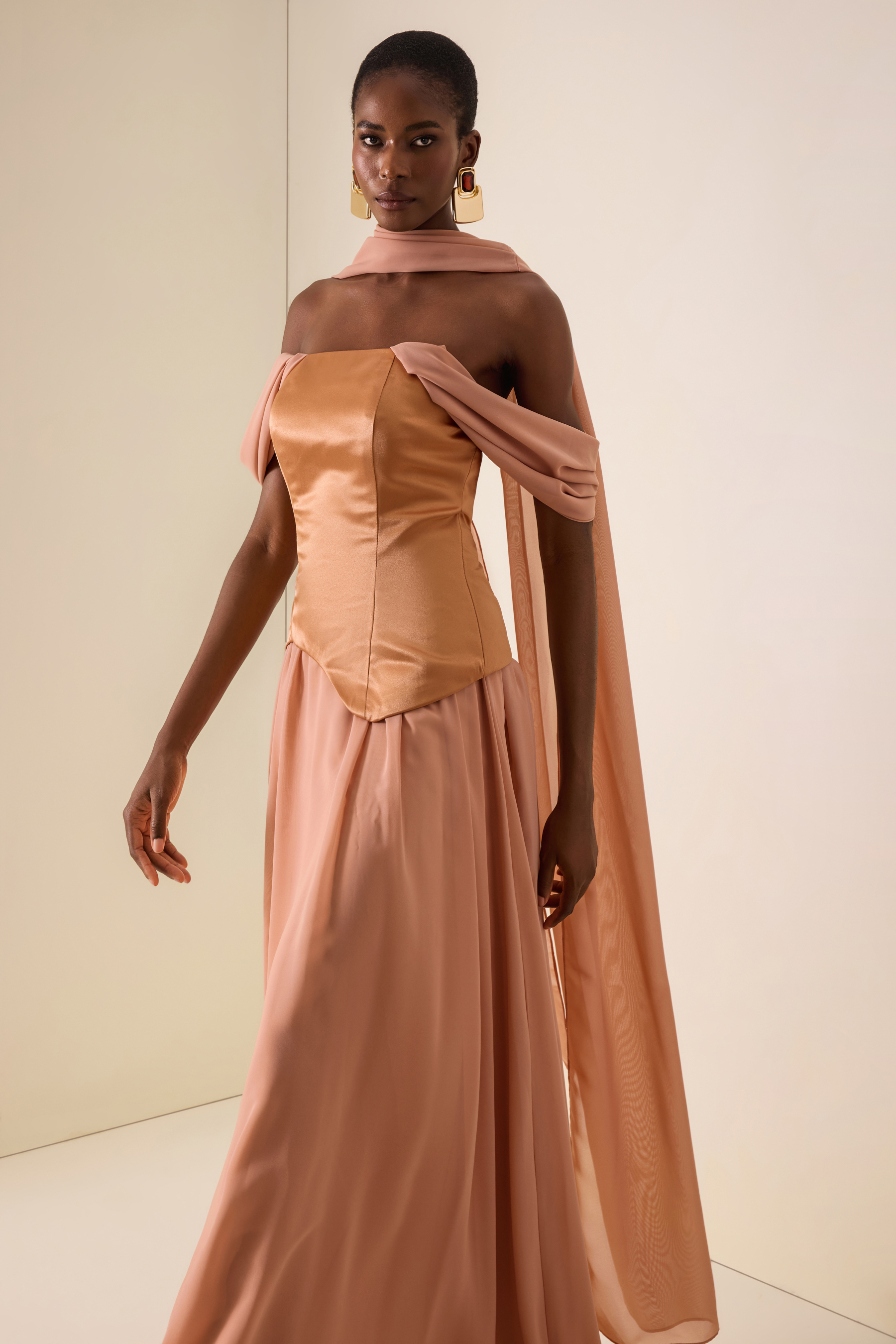 Ruched Off Shoulder Maxi Dress With Ribbon