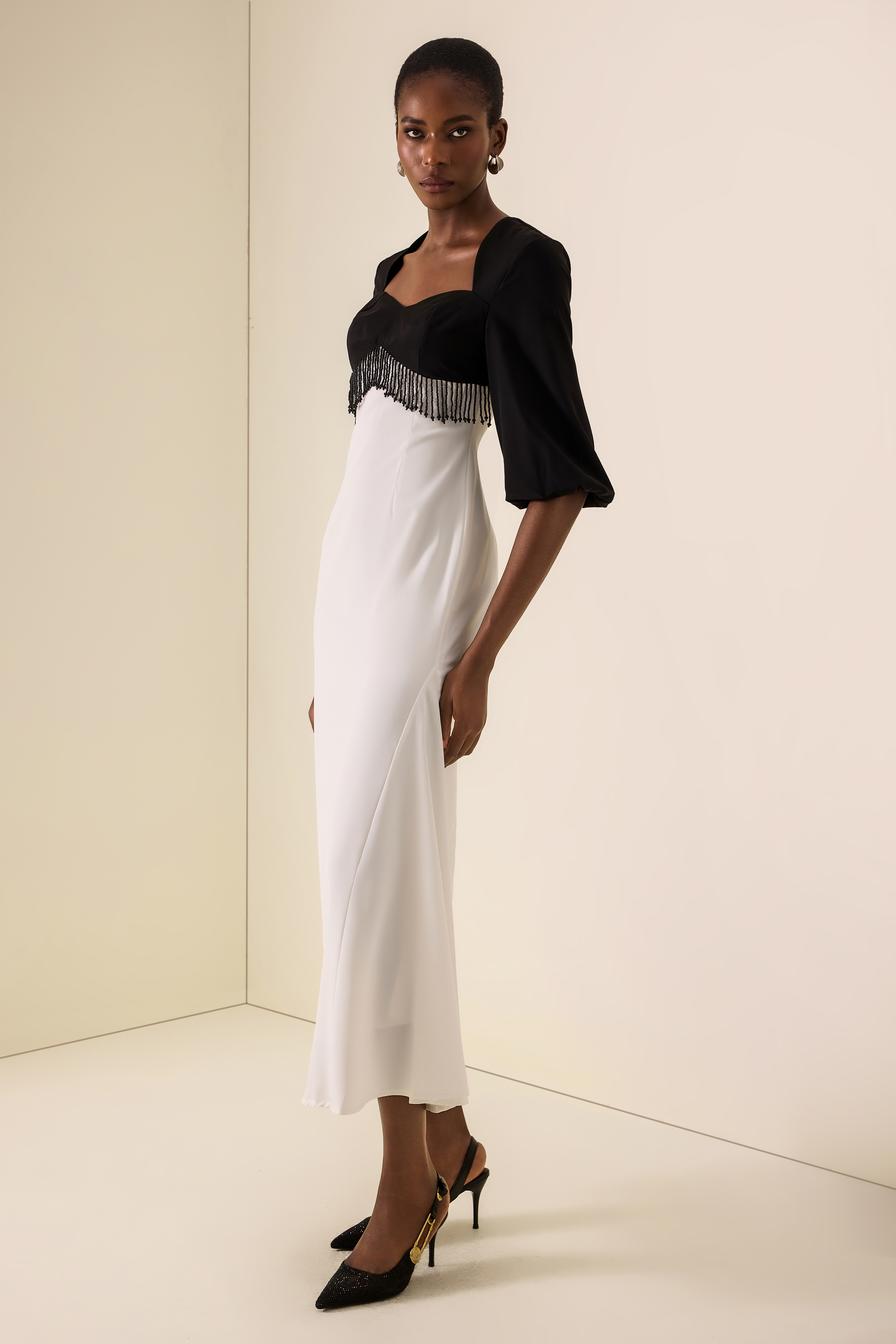 Sweetheart Neck Contrast Color Beaded Maxi Dress