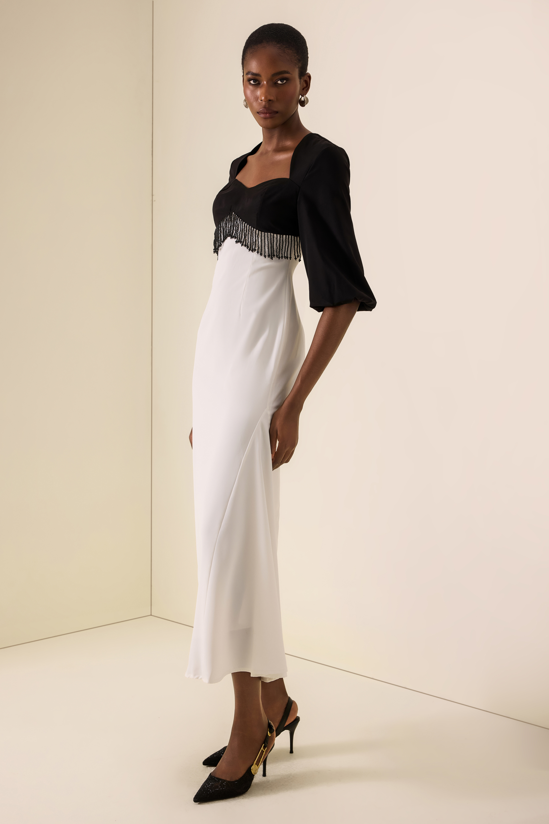 Sweetheart Neck Contrast Color Beaded Maxi Dress