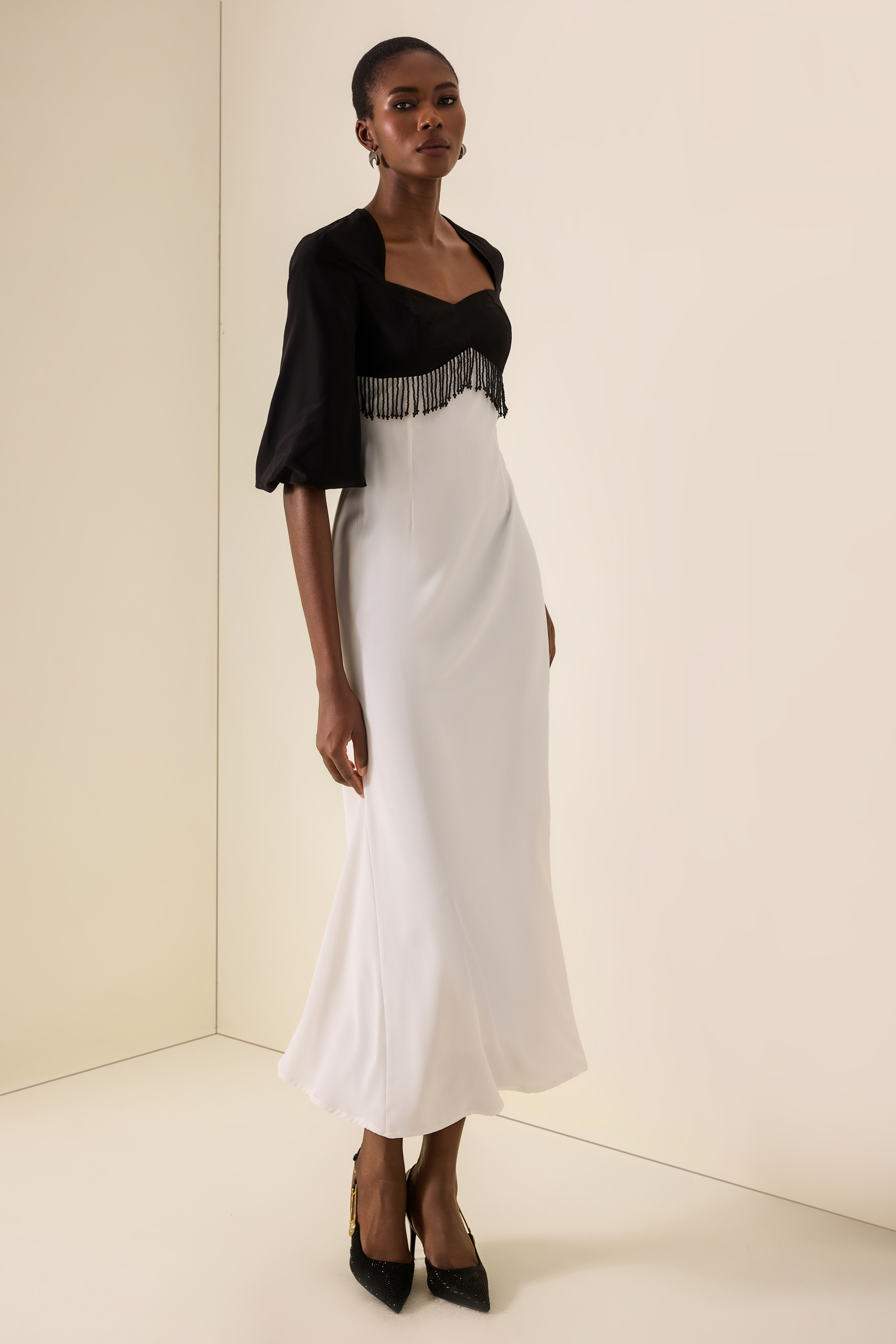 Sweetheart Neck Contrast Color Beaded Maxi Dress