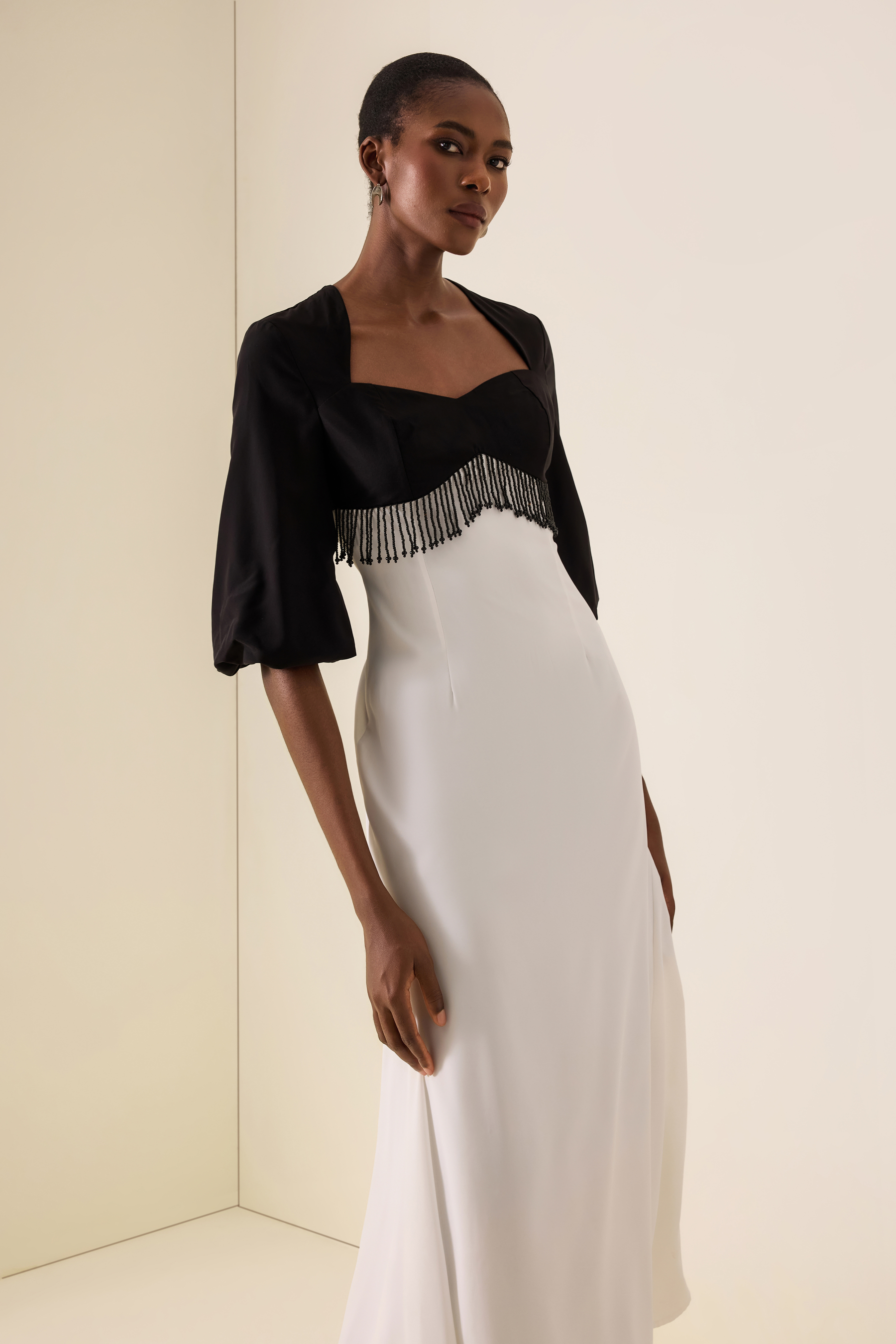 Sweetheart Neck Contrast Color Beaded Maxi Dress