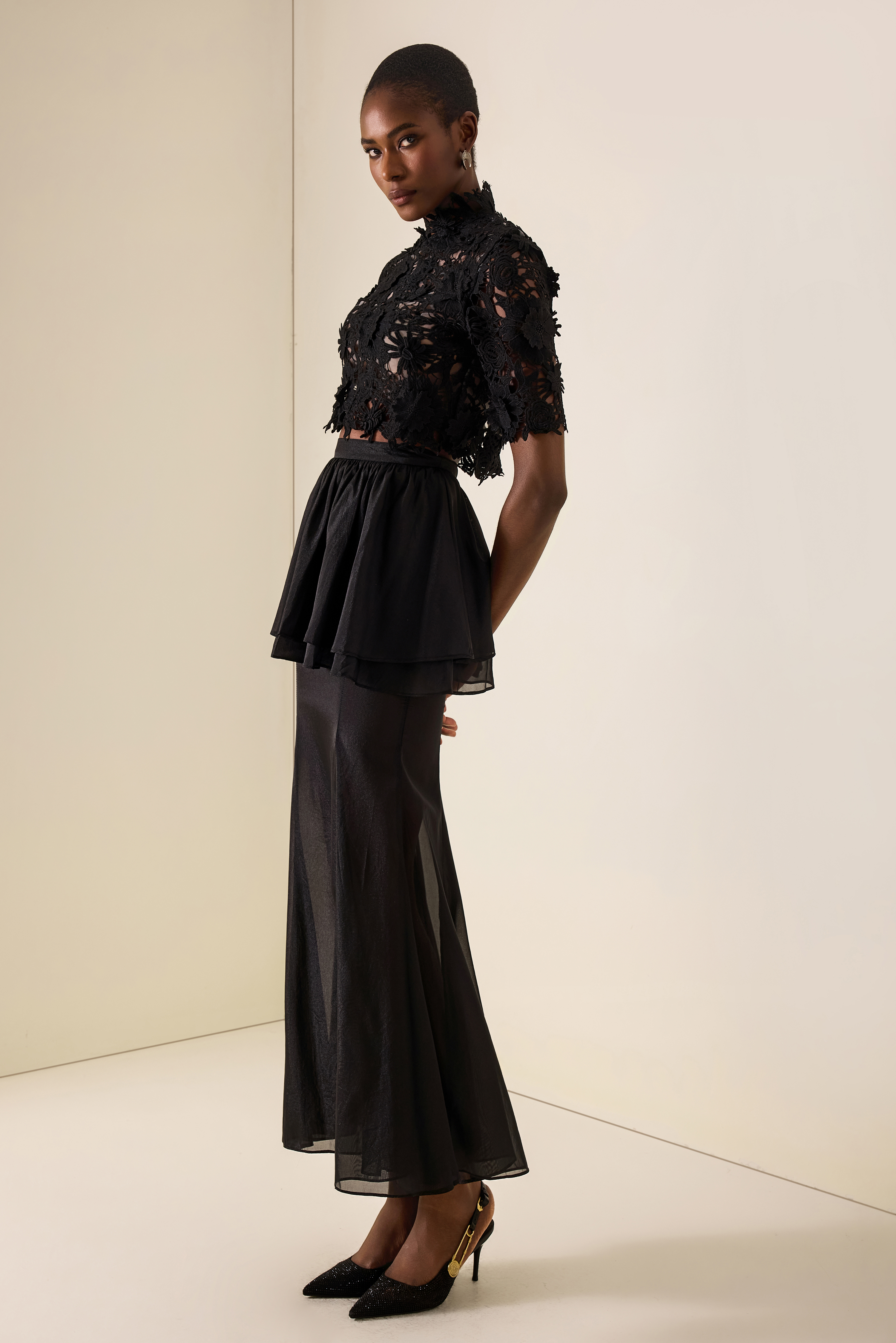 Lace Embroidered Top & Mid Waist Organza Maxi Skirt Set