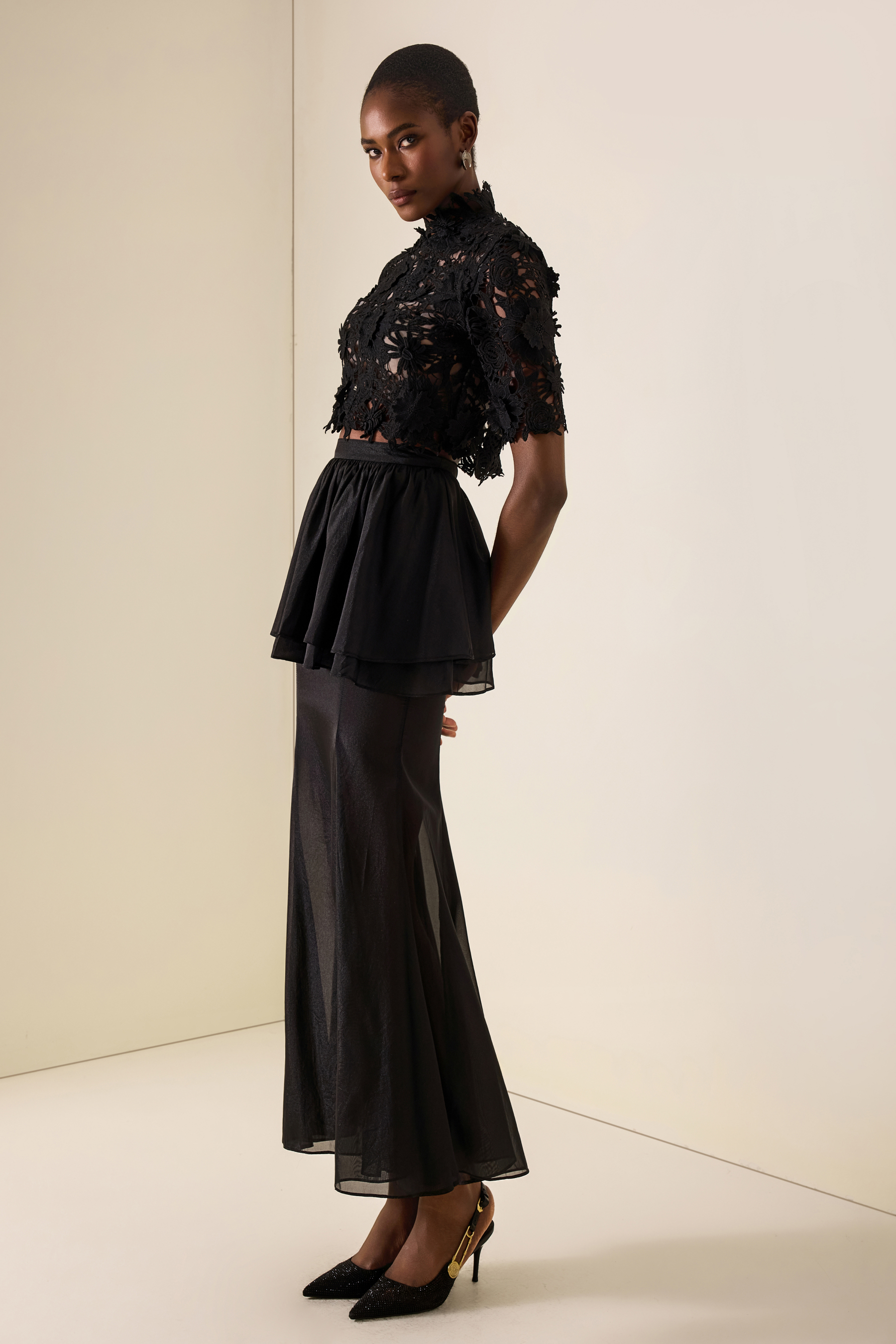 Lace Embroidered Top & Mid Waist Organza Maxi Skirt Set