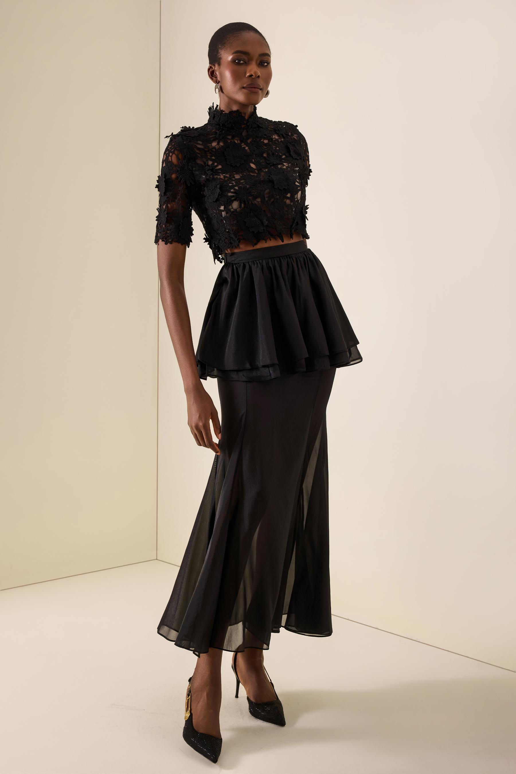Lace Embroidered Top & Mid Waist Organza Maxi Skirt Set