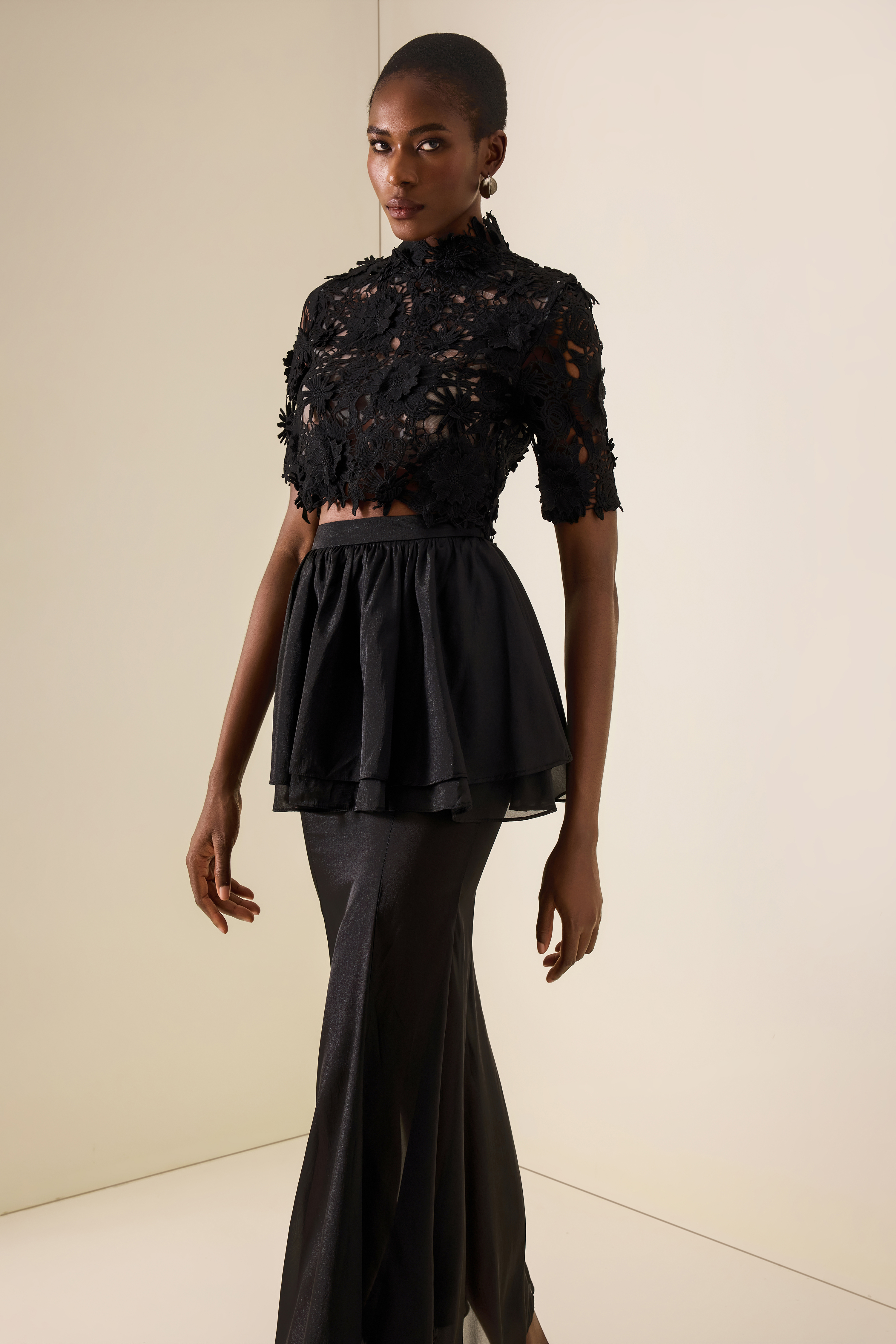 Lace Embroidered Top & Mid Waist Organza Maxi Skirt Set
