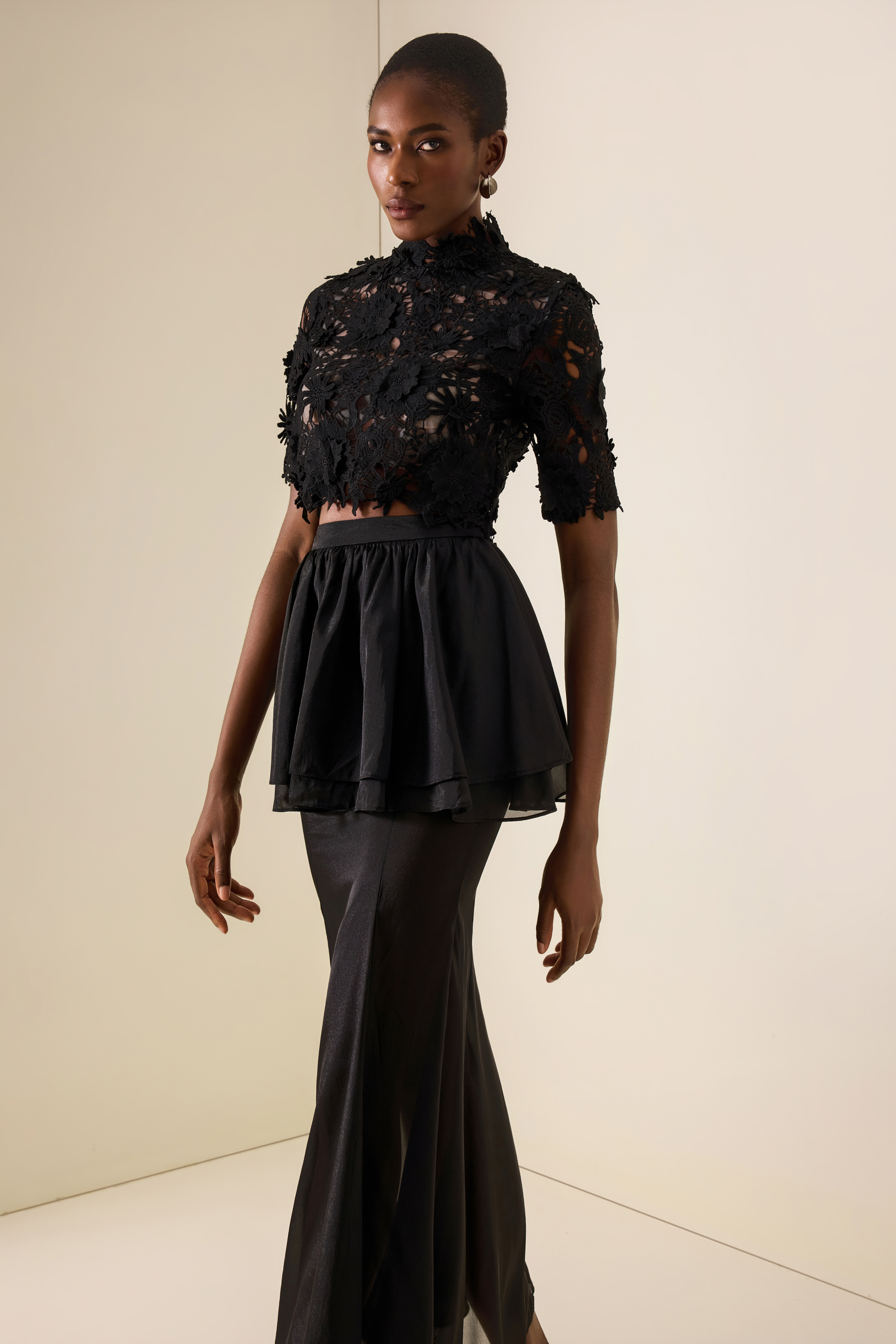 Lace Embroidered Top & Mid Waist Organza Maxi Skirt Set