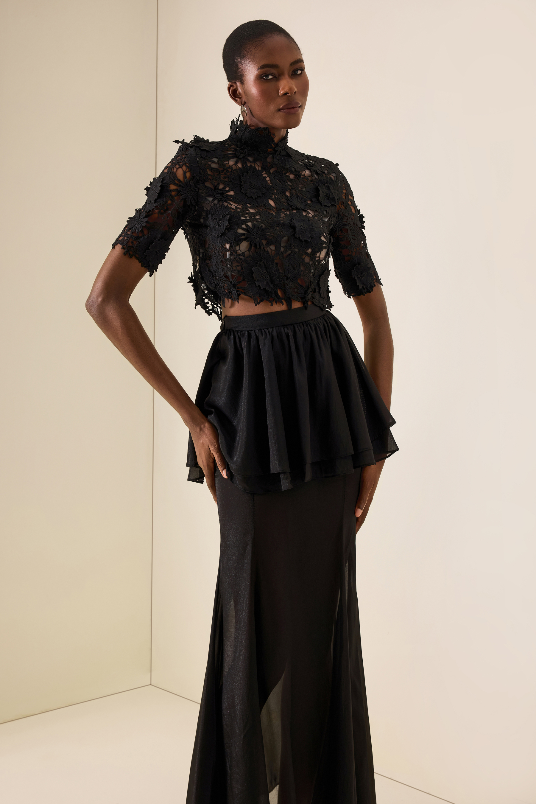 Lace Embroidered Top & Mid Waist Organza Maxi Skirt Set
