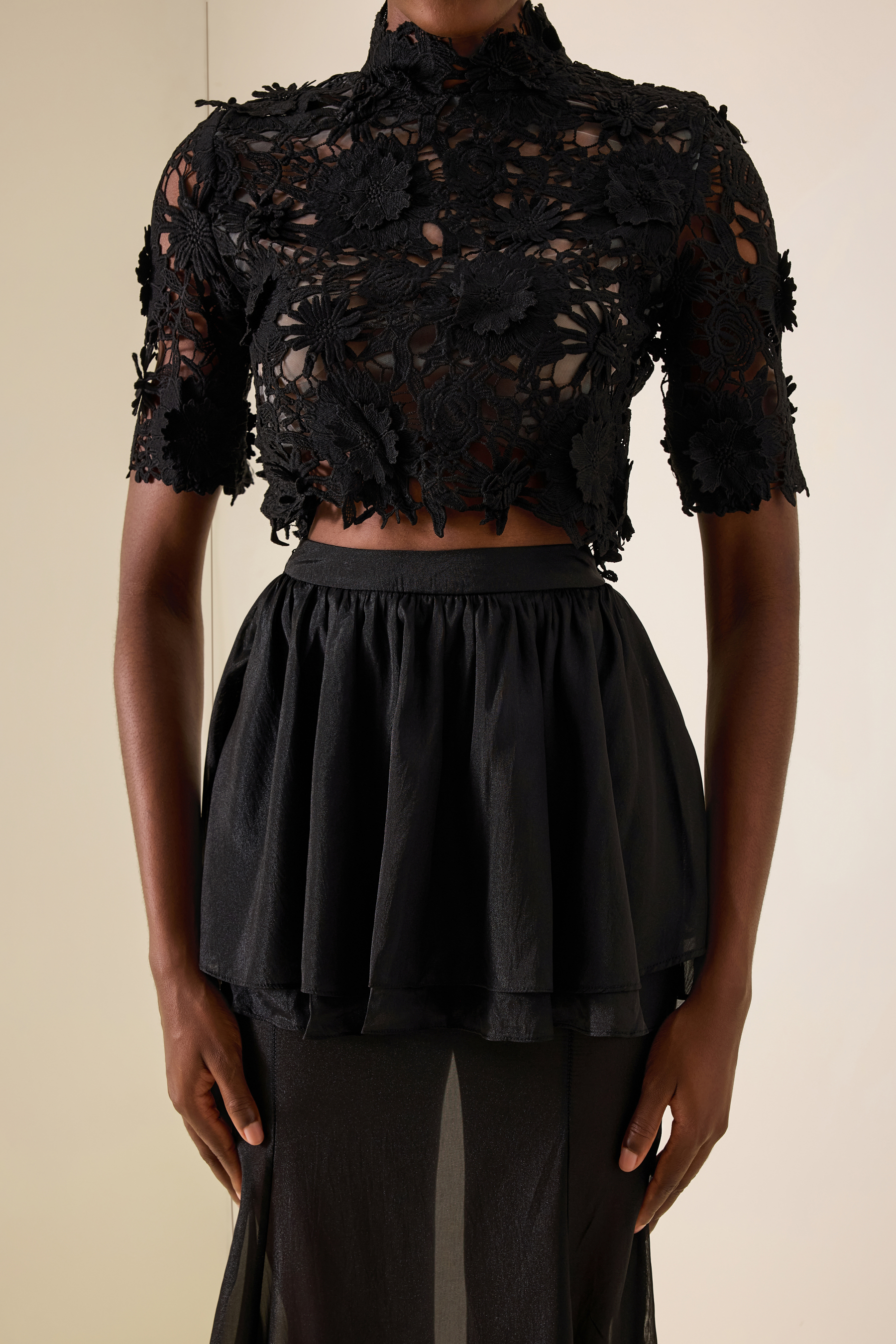 Lace Embroidered Top & Mid Waist Organza Maxi Skirt Set