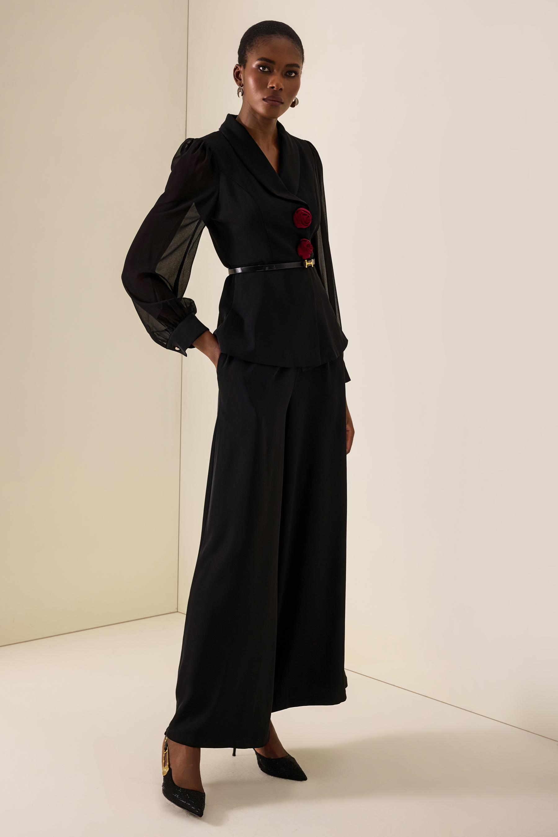 3D Flower Lantern Sleeve Blazer & High Waist Pants Set