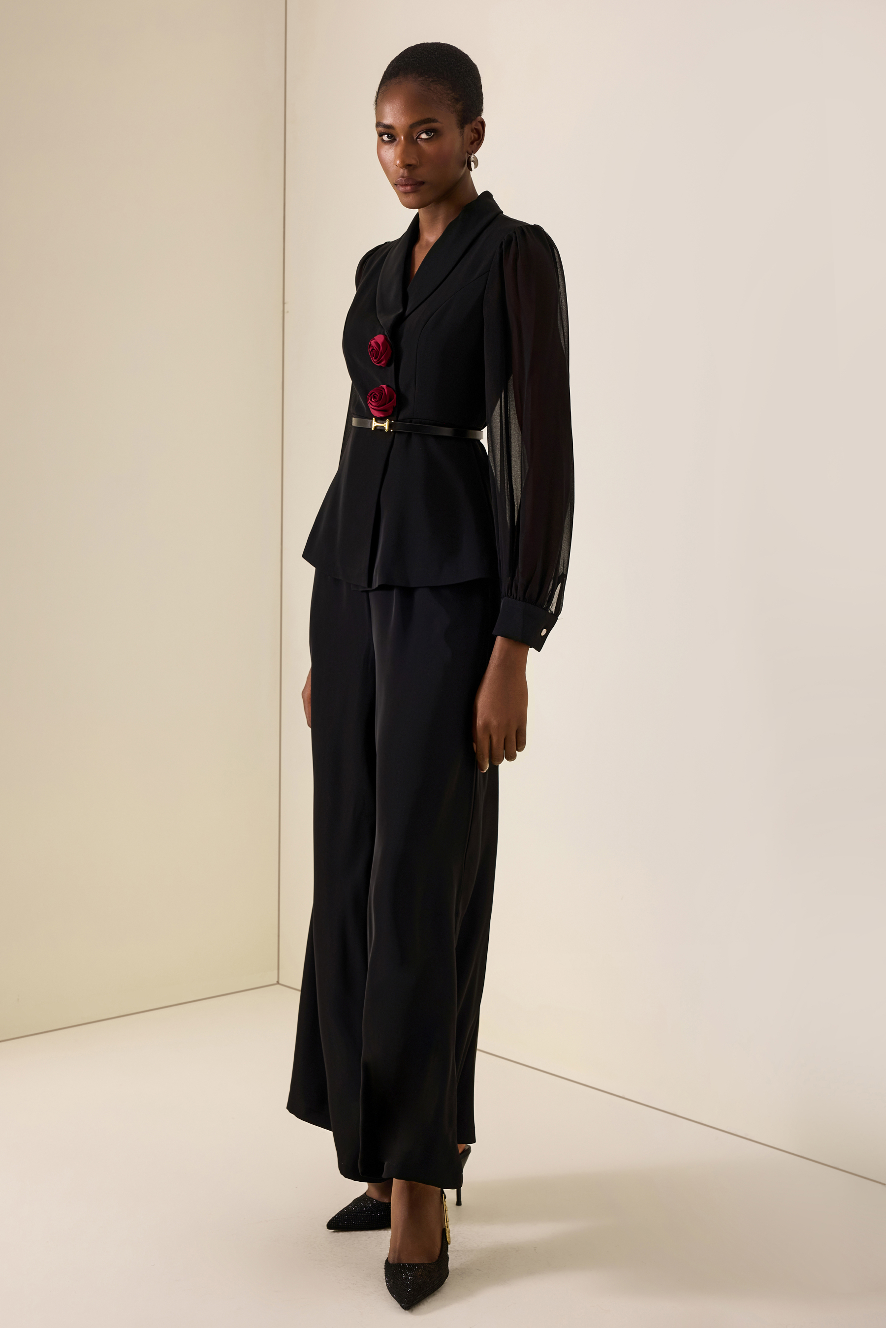 3D Flower Lantern Sleeve Blazer & High Waist Pants Set