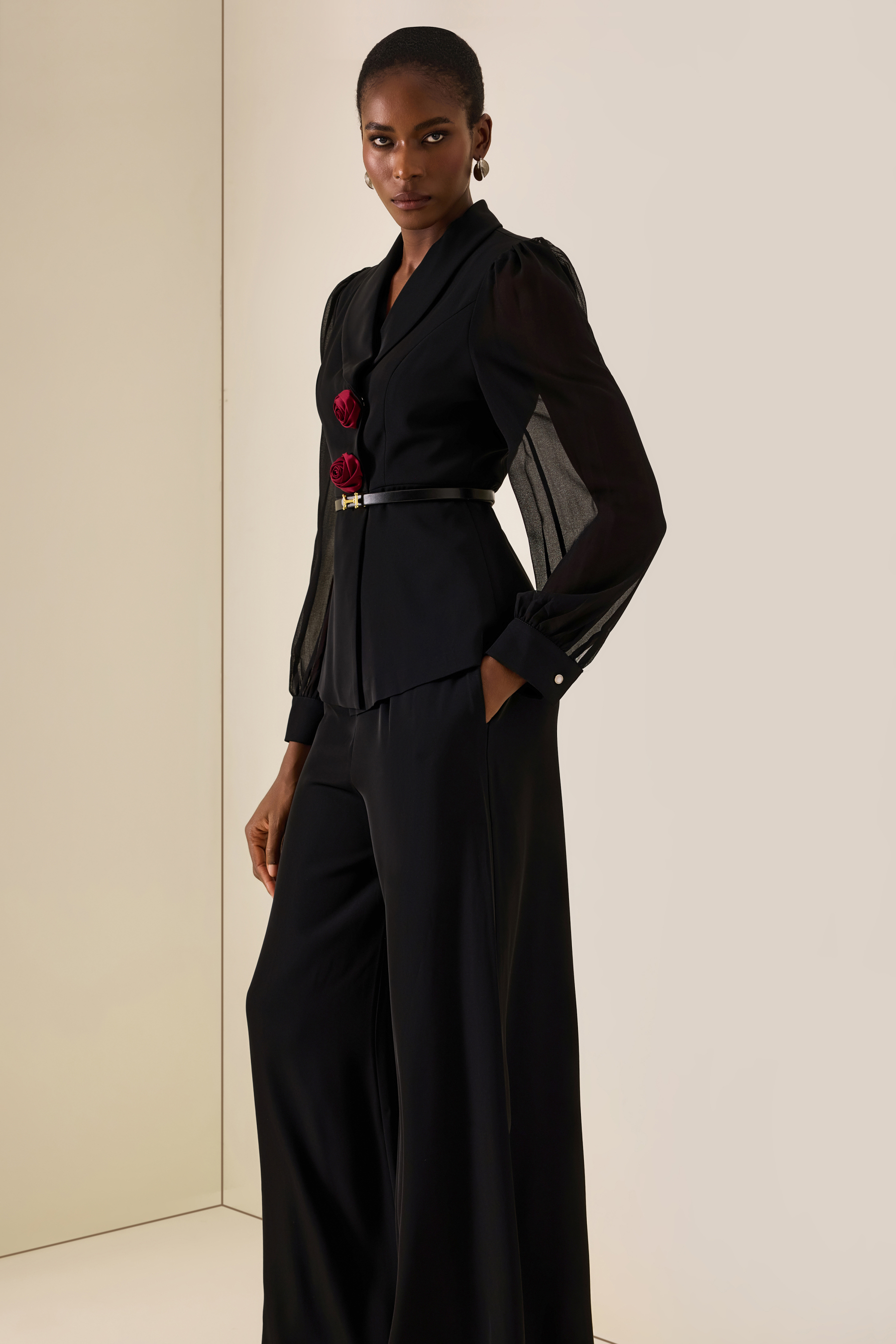 3D Flower Lantern Sleeve Blazer & High Waist Pants Set
