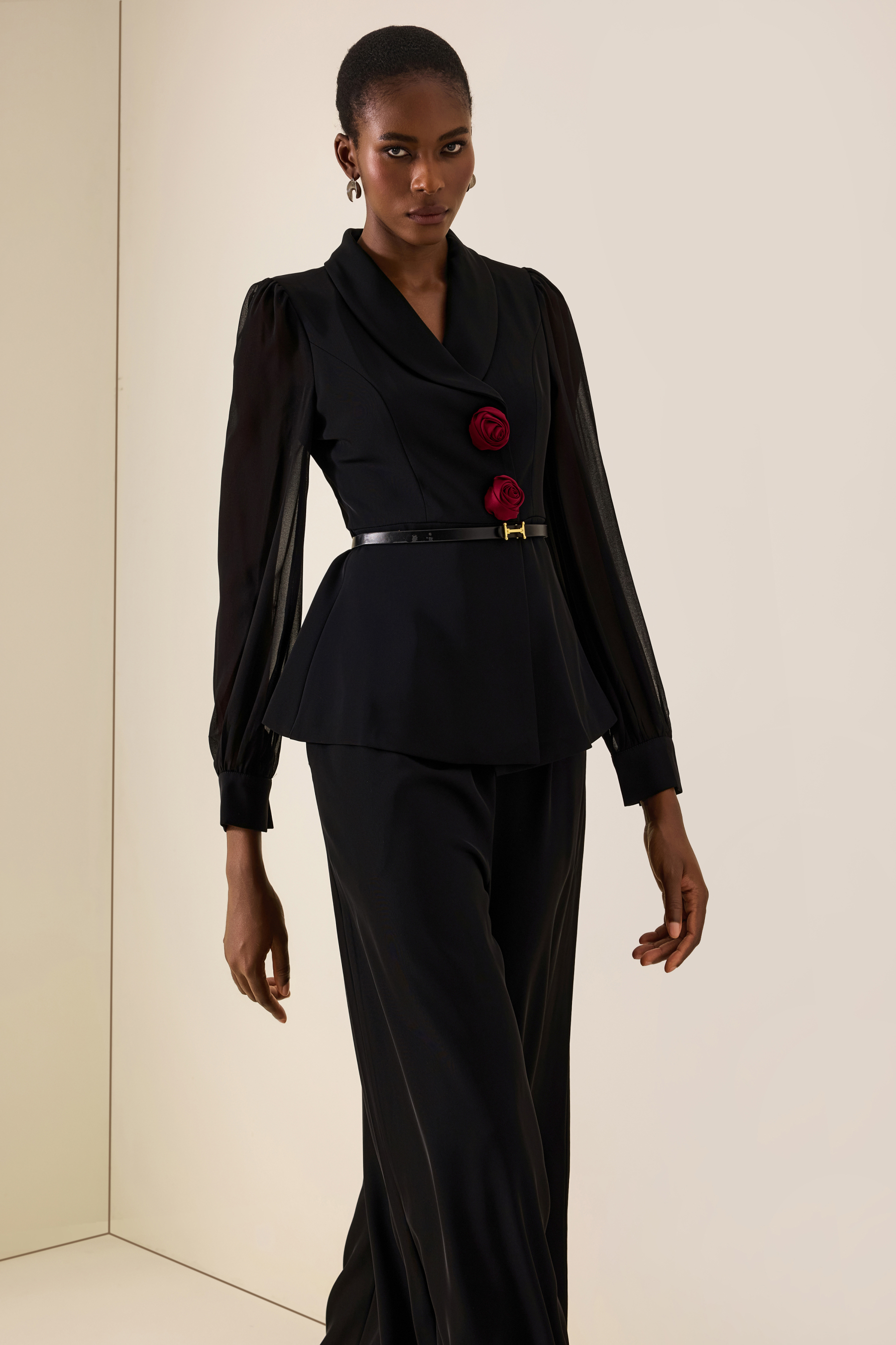 3D Flower Lantern Sleeve Blazer & High Waist Pants Set