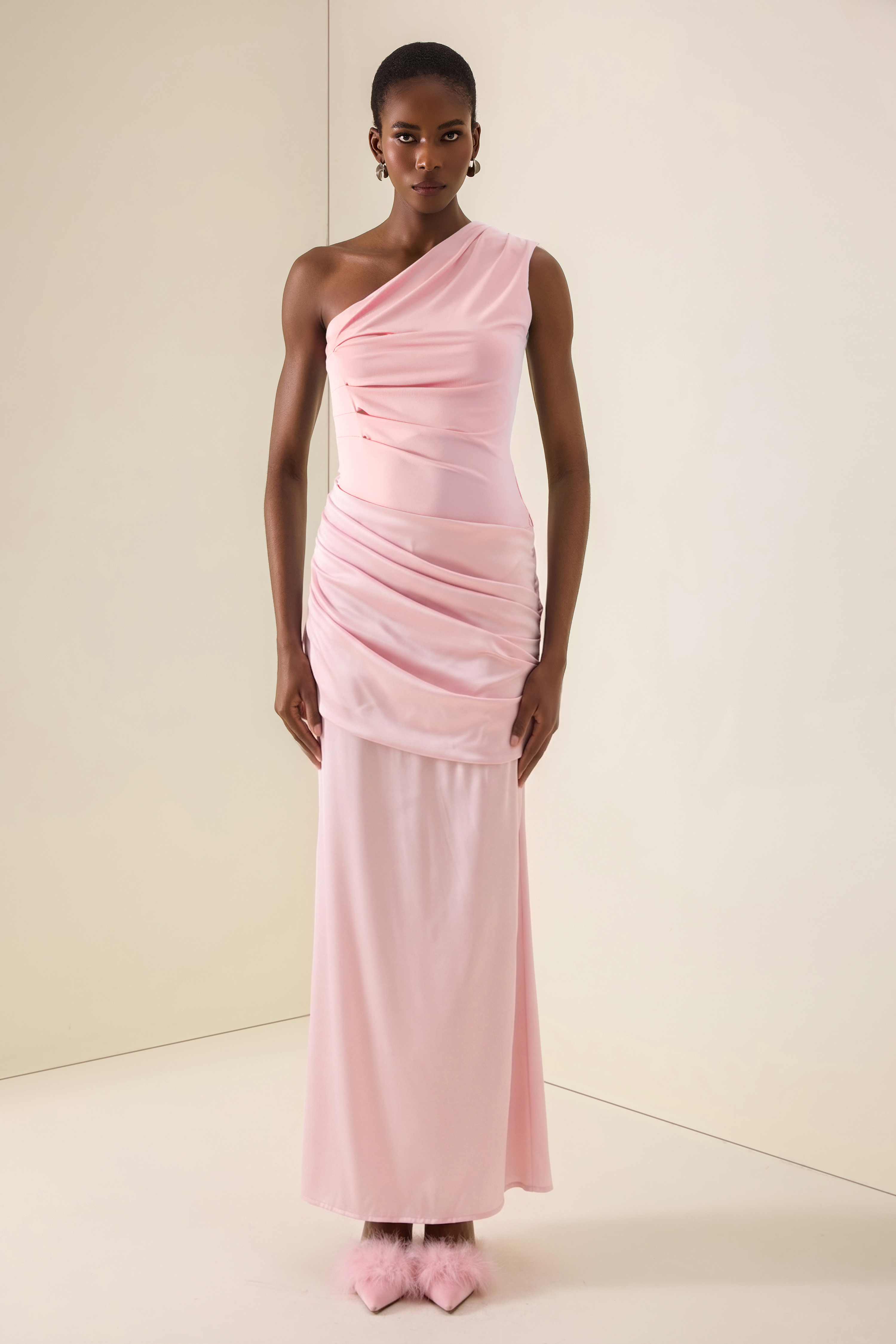 Satin Ruched One Shoulder Maxi Dress