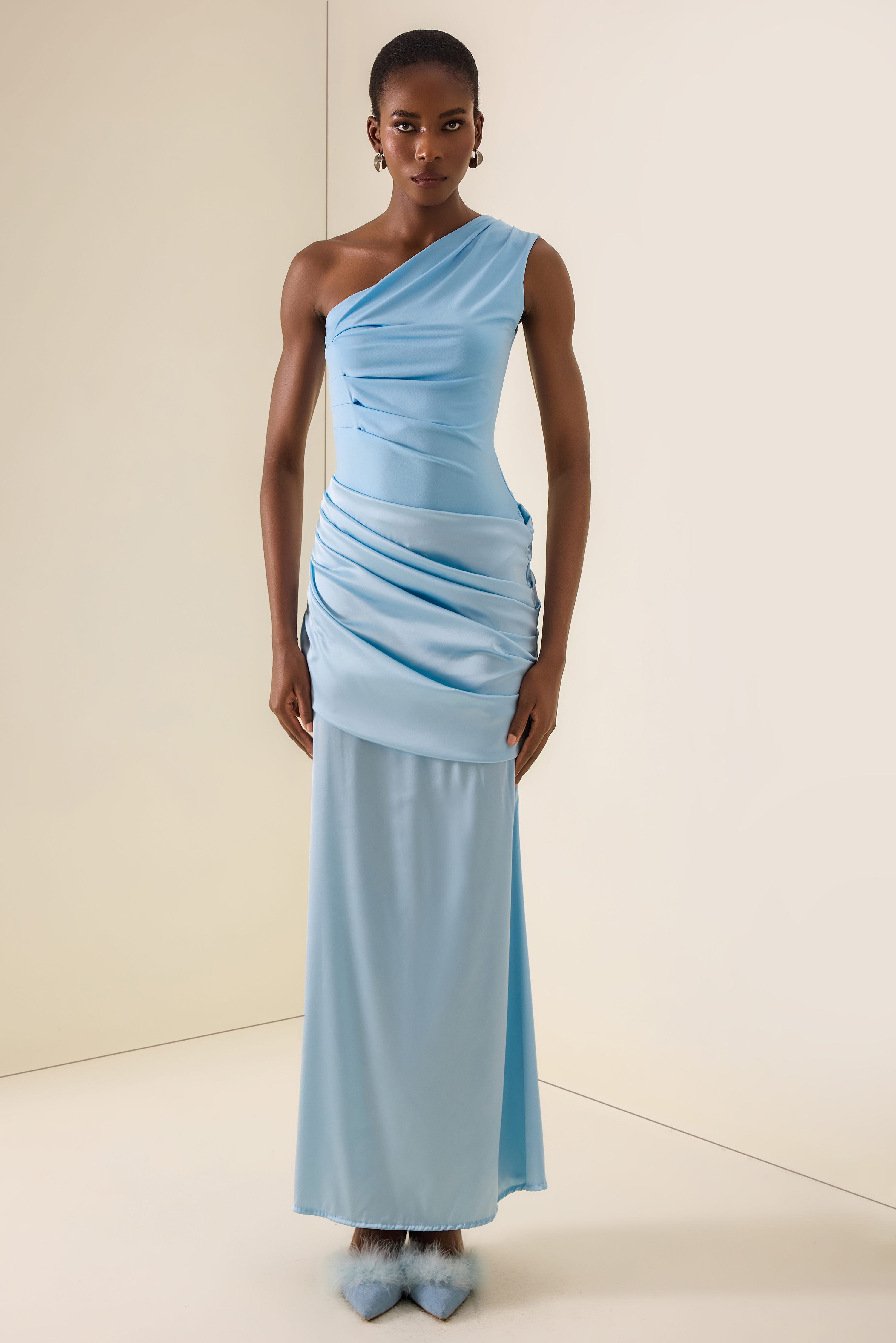 Satin Ruched One Shoulder Maxi Dress