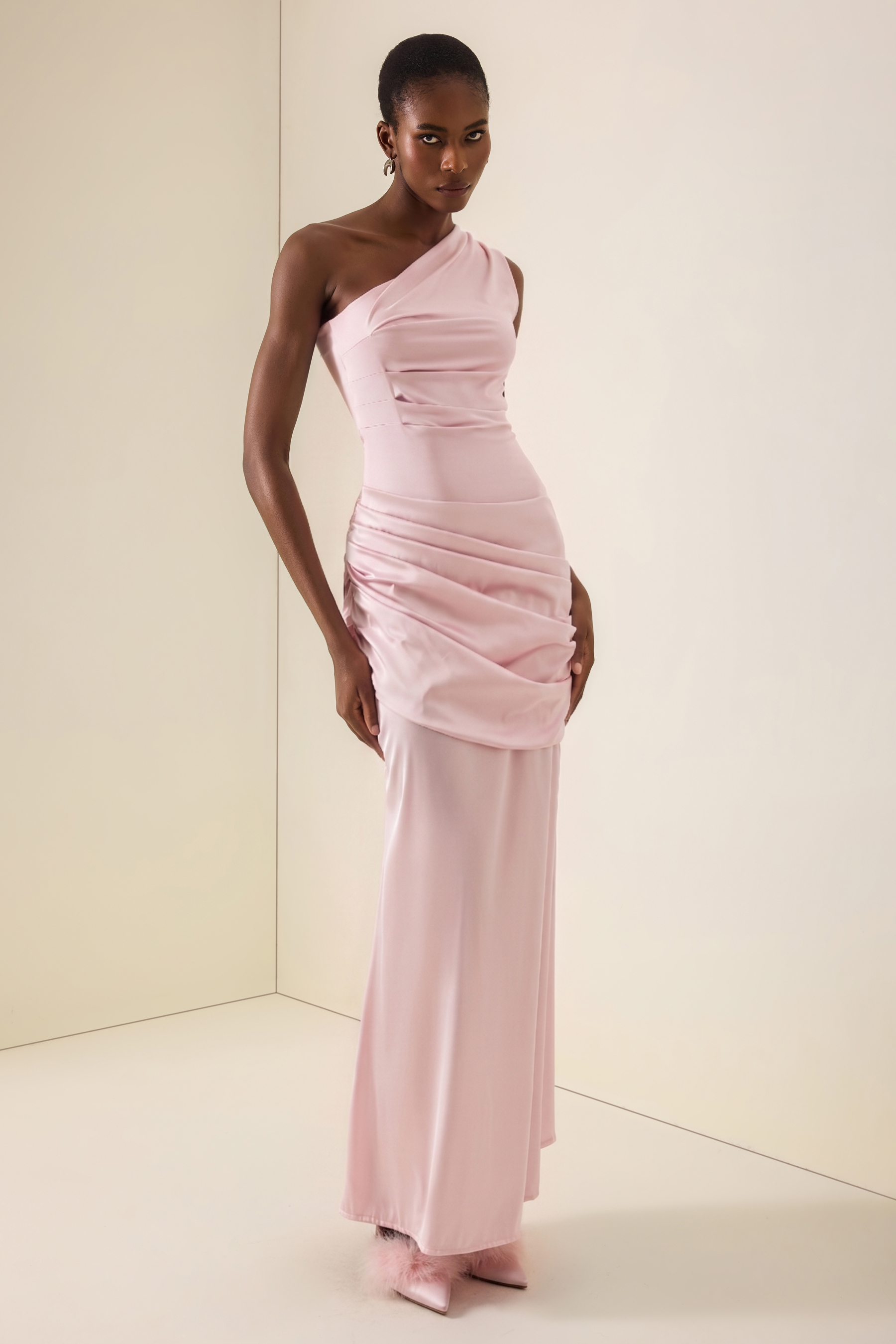 Satin Ruched One Shoulder Maxi Dress
