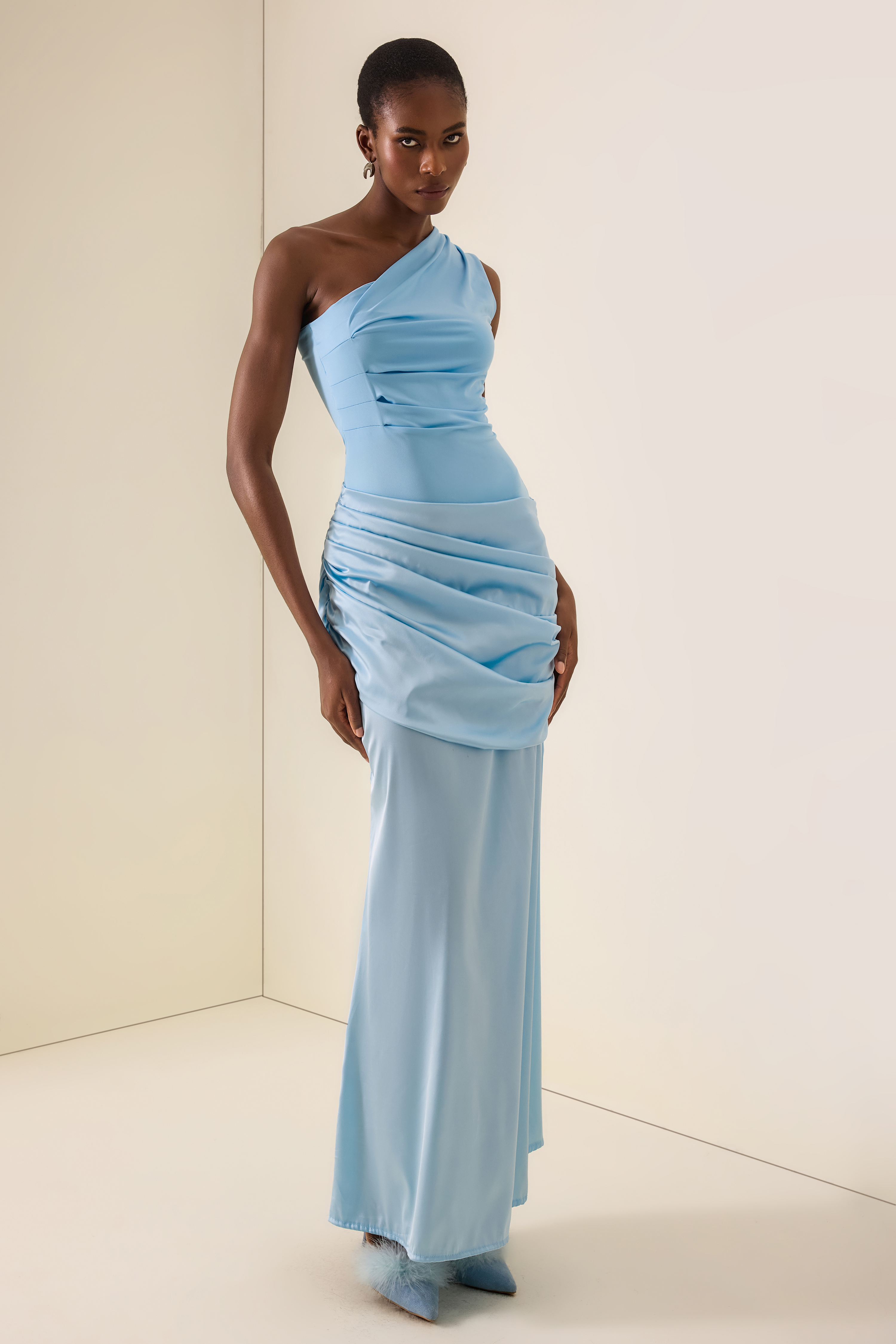 Satin Ruched One Shoulder Maxi Dress