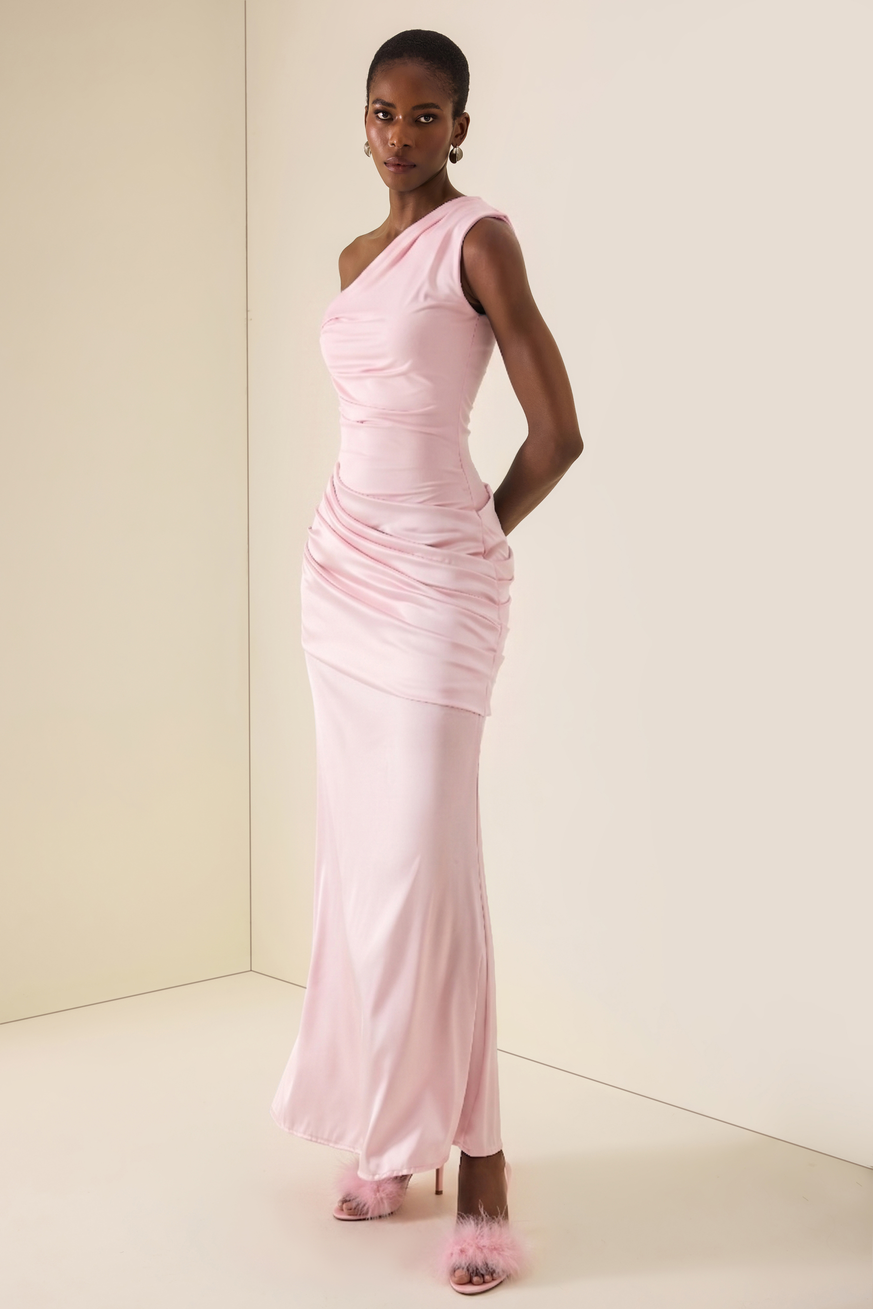 Satin Ruched One Shoulder Maxi Dress