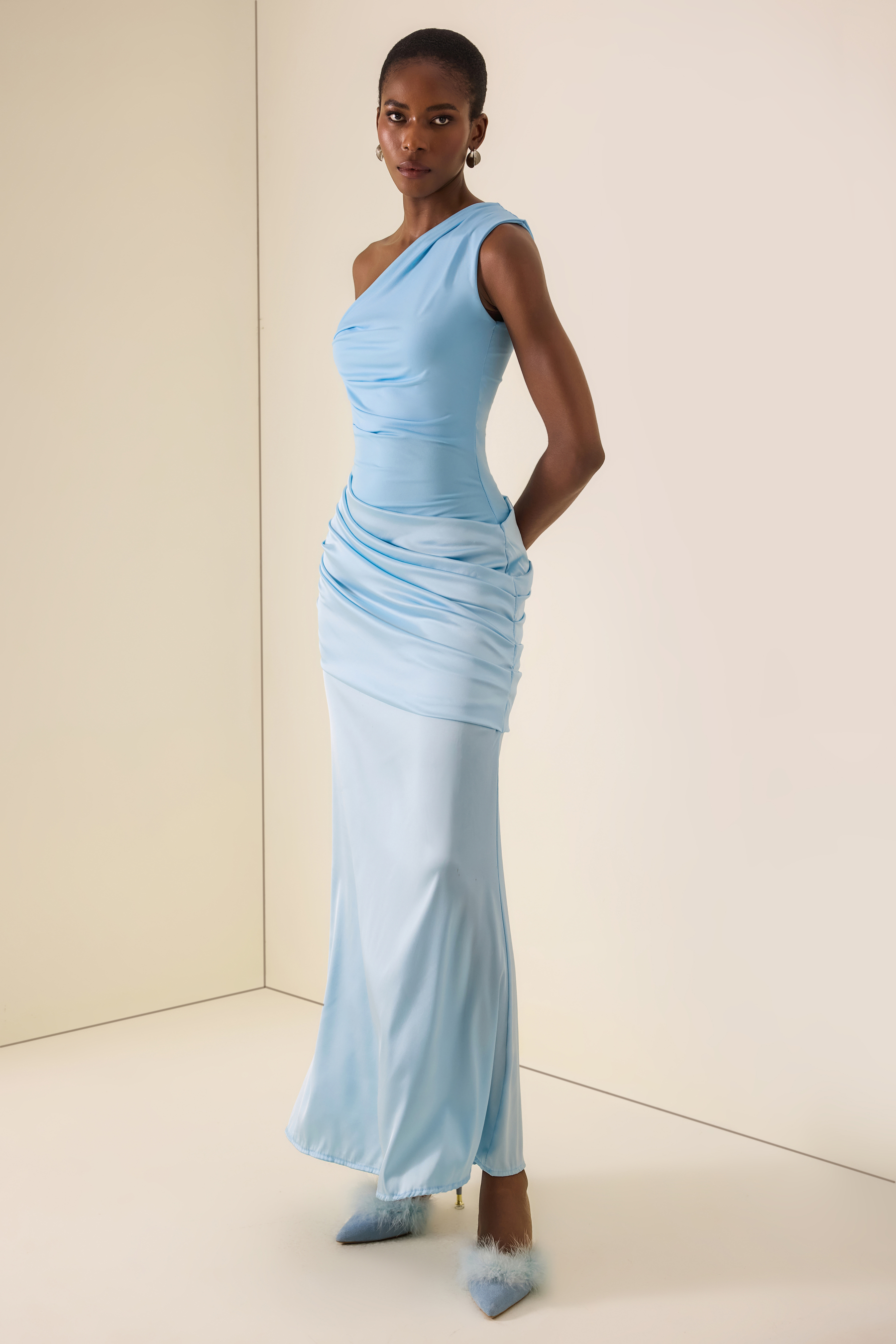 Satin Ruched One Shoulder Maxi Dress