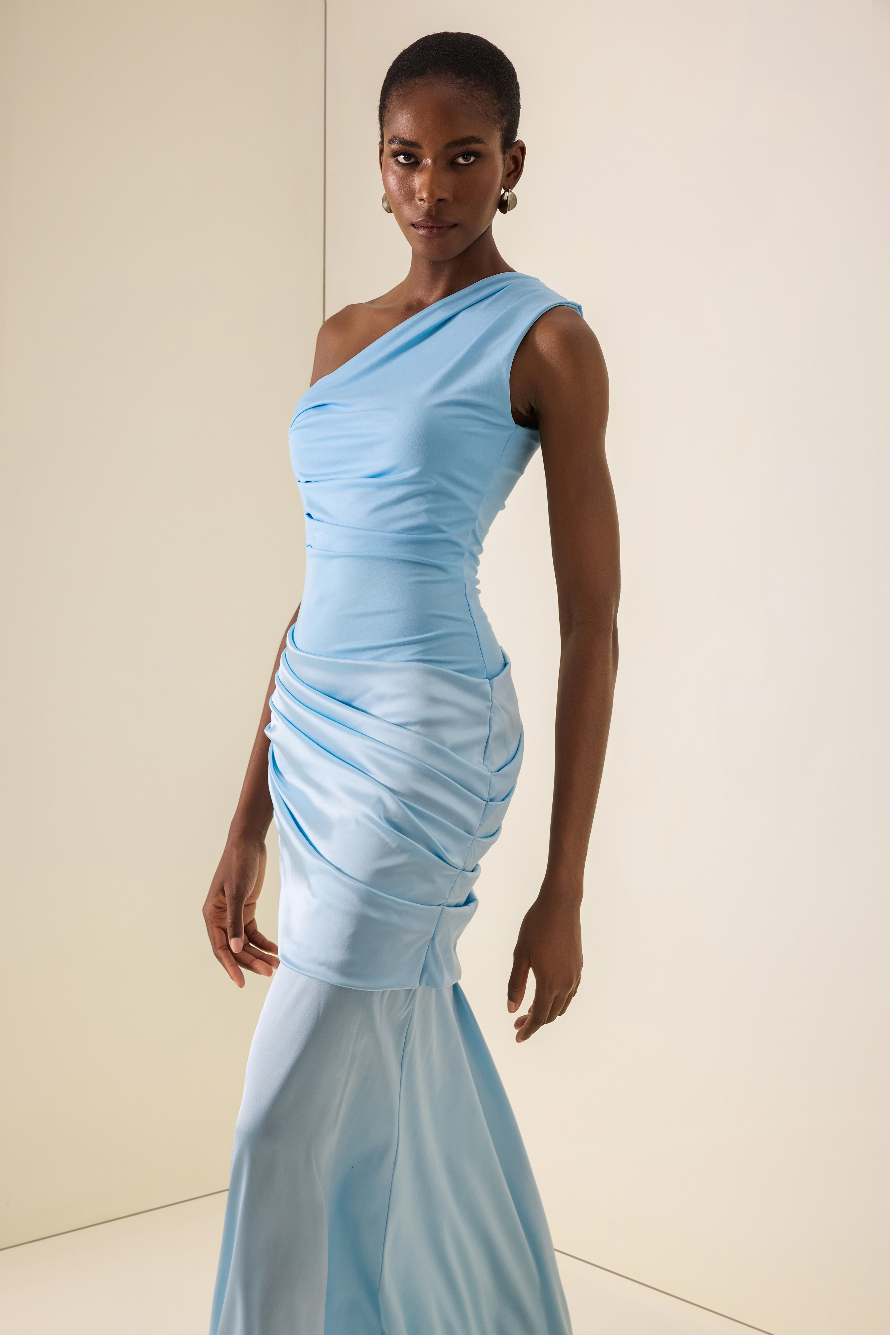 Satin Ruched One Shoulder Maxi Dress