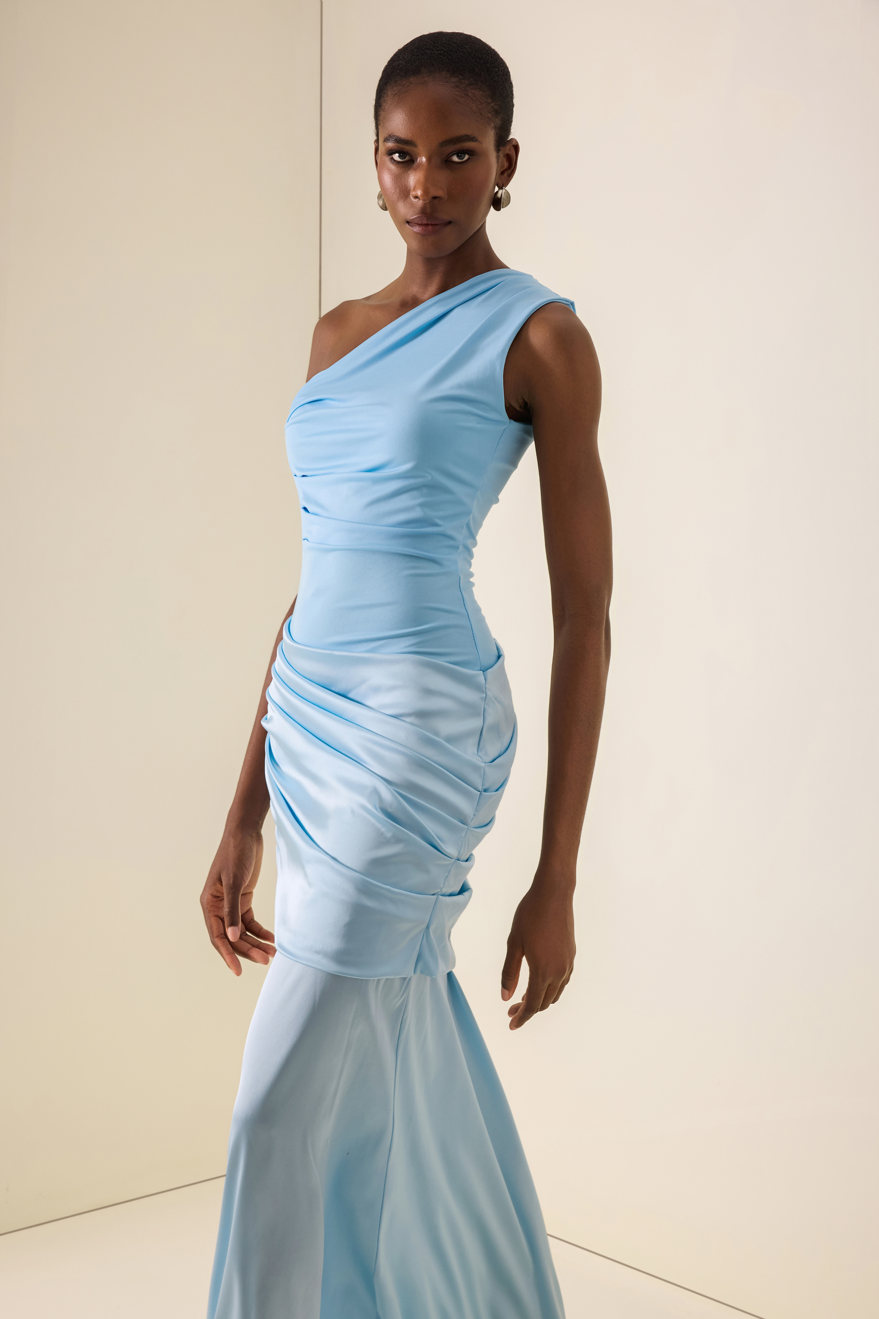 Satin Ruched One Shoulder Maxi Dress