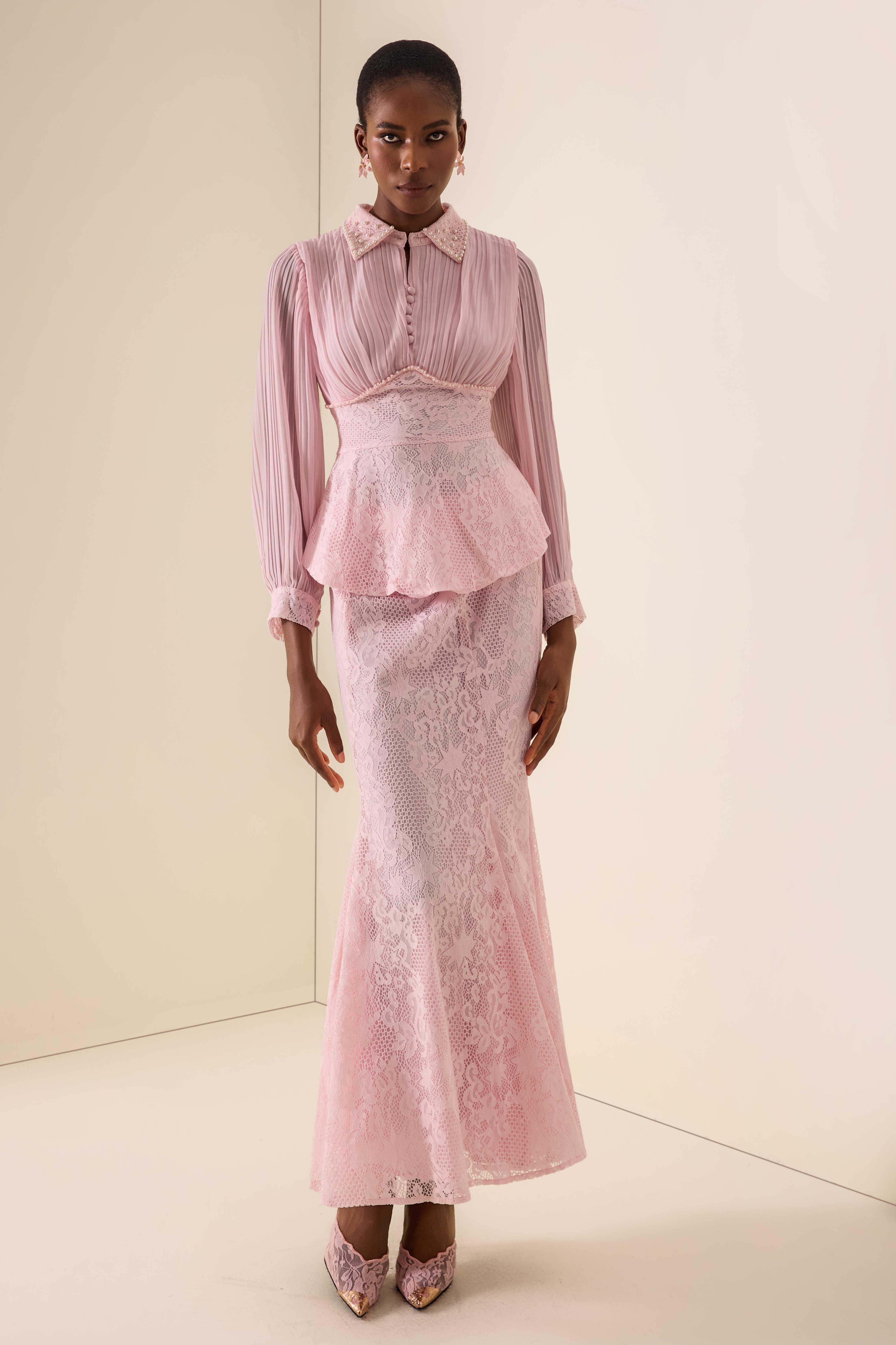Pleated Rivet Top & High Waist Midi Skirt Set