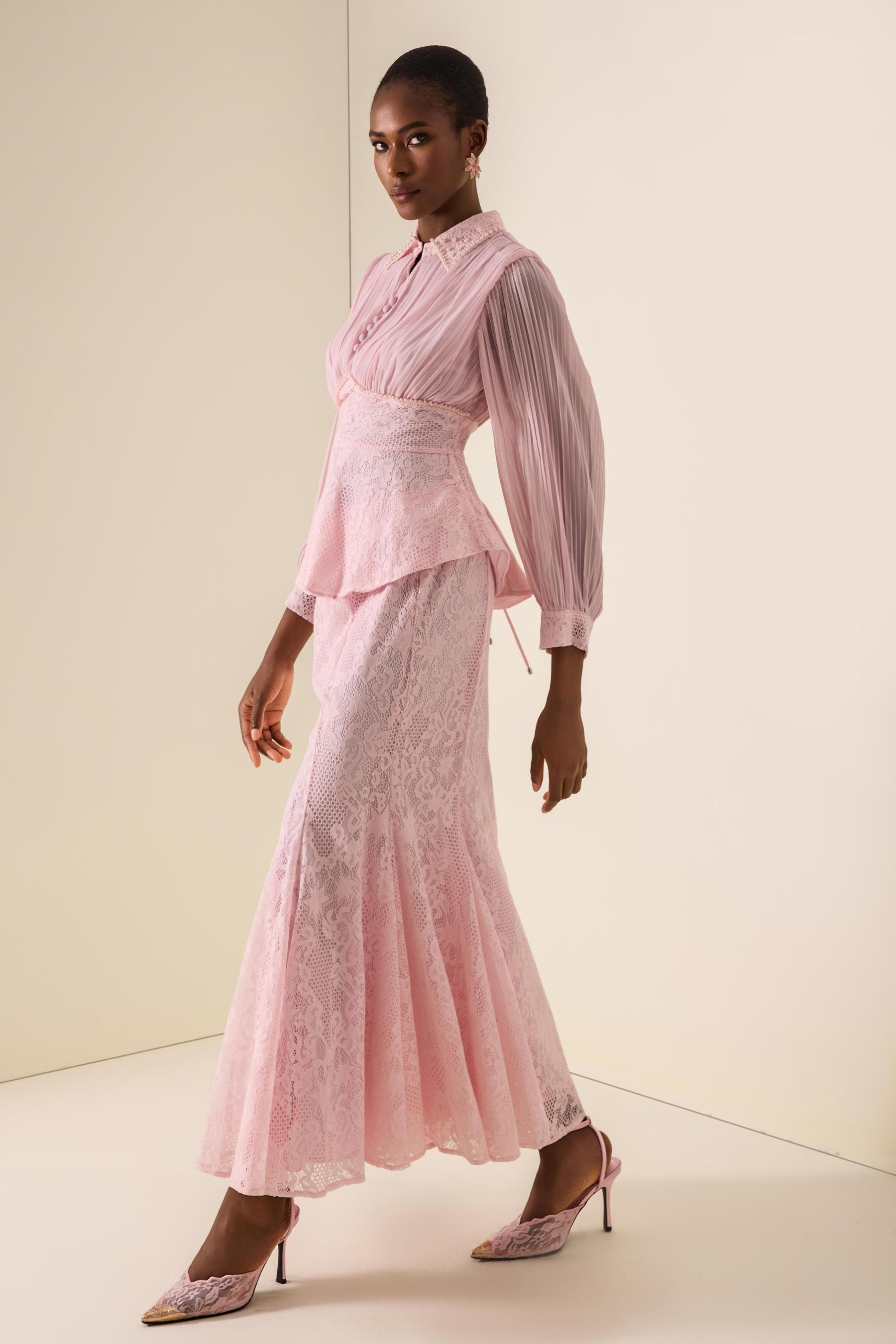 Pleated Rivet Top & High Waist Midi Skirt Set