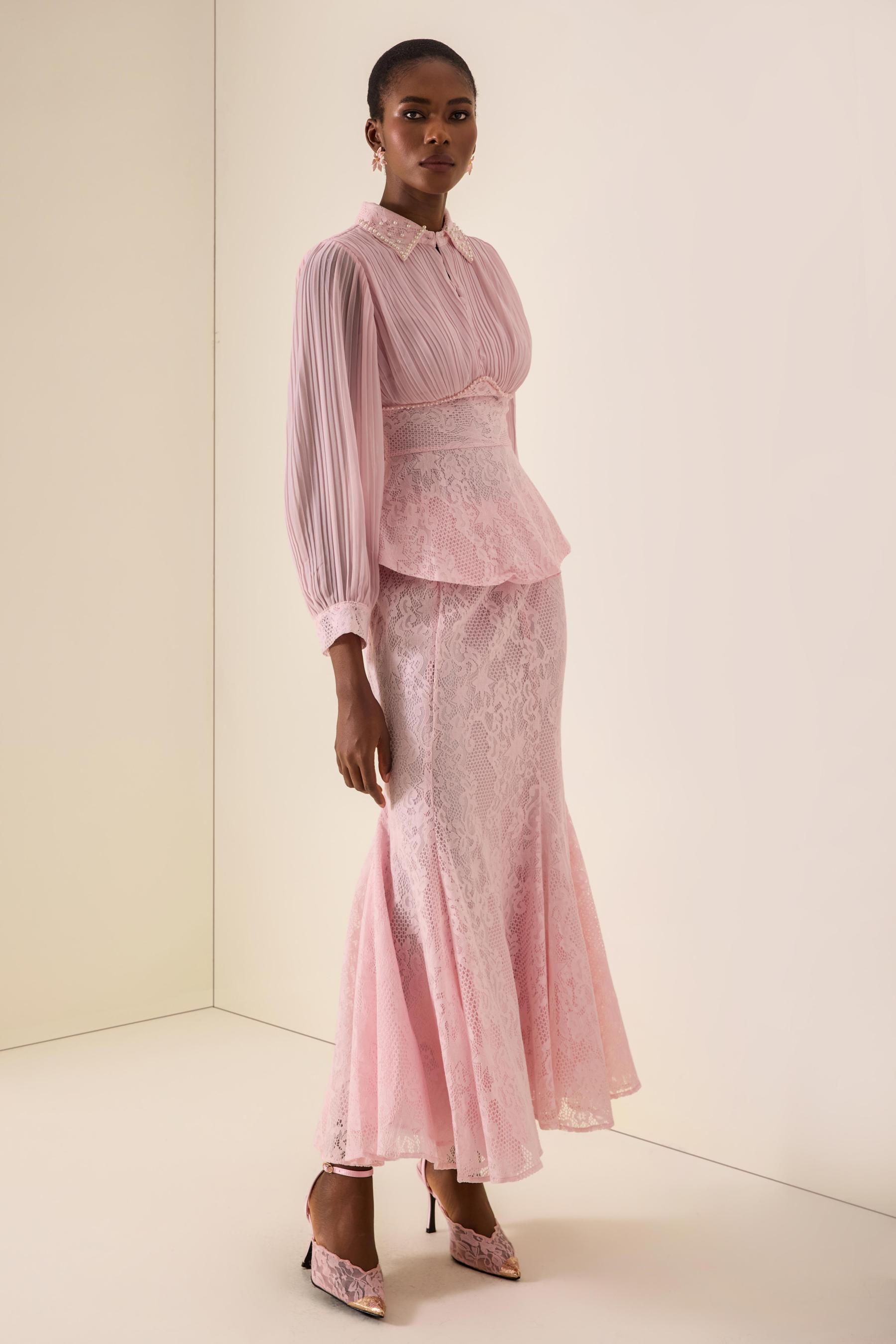 Pleated Rivet Top & High Waist Midi Skirt Set