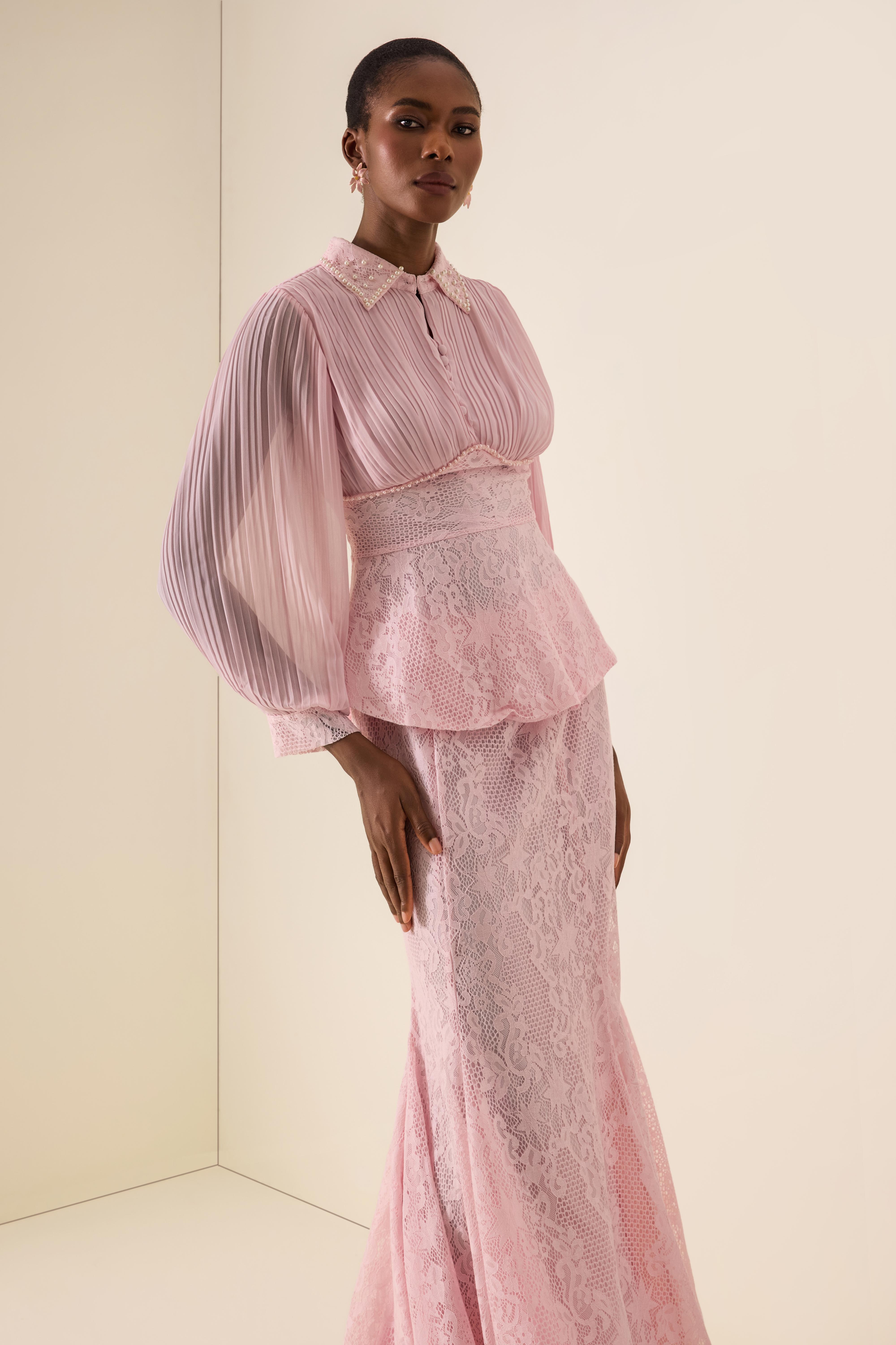 Pleated Rivet Top & High Waist Midi Skirt Set