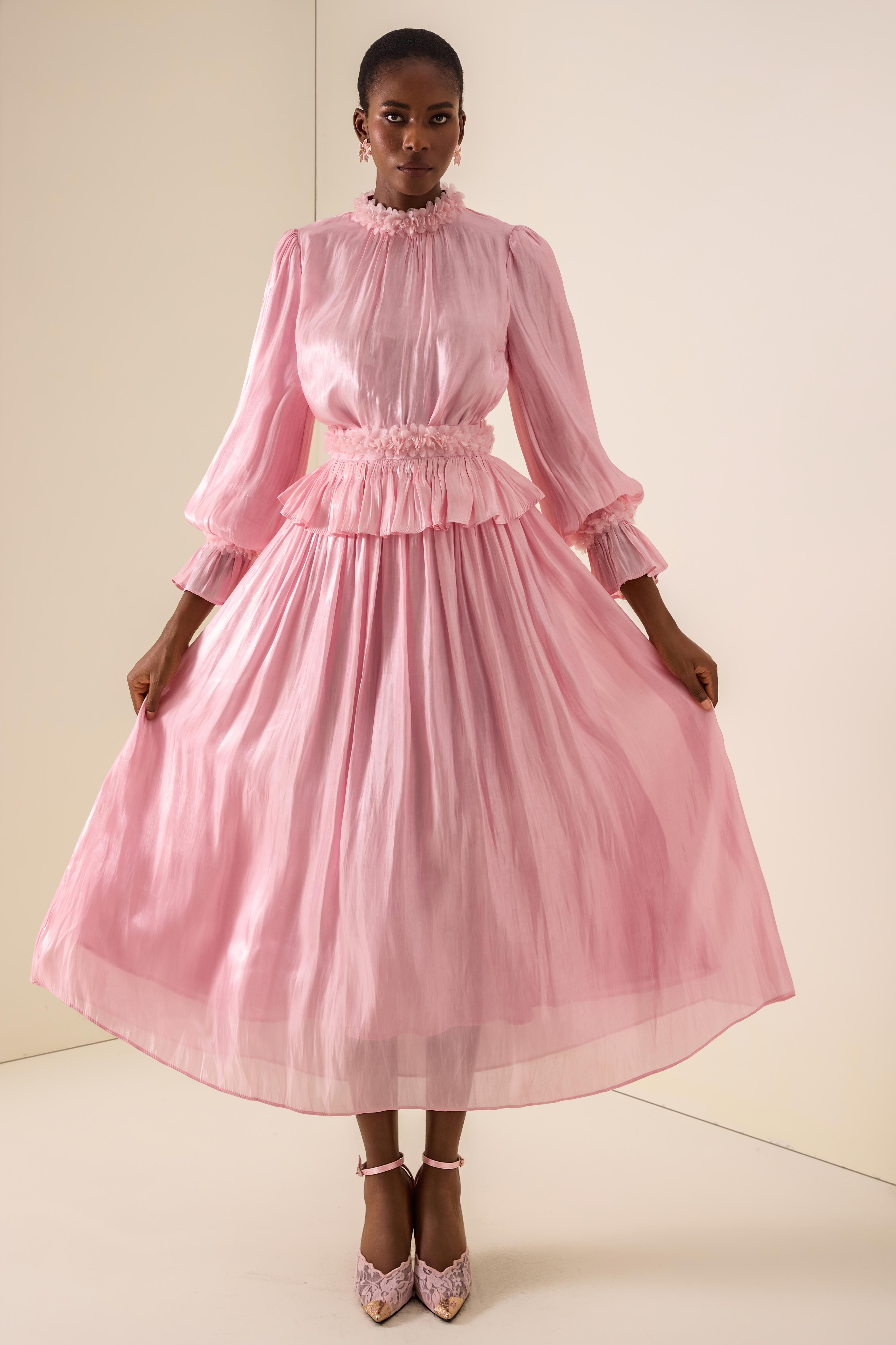 3D Flower Beaded Top & High Waist Midi Skirt Set
