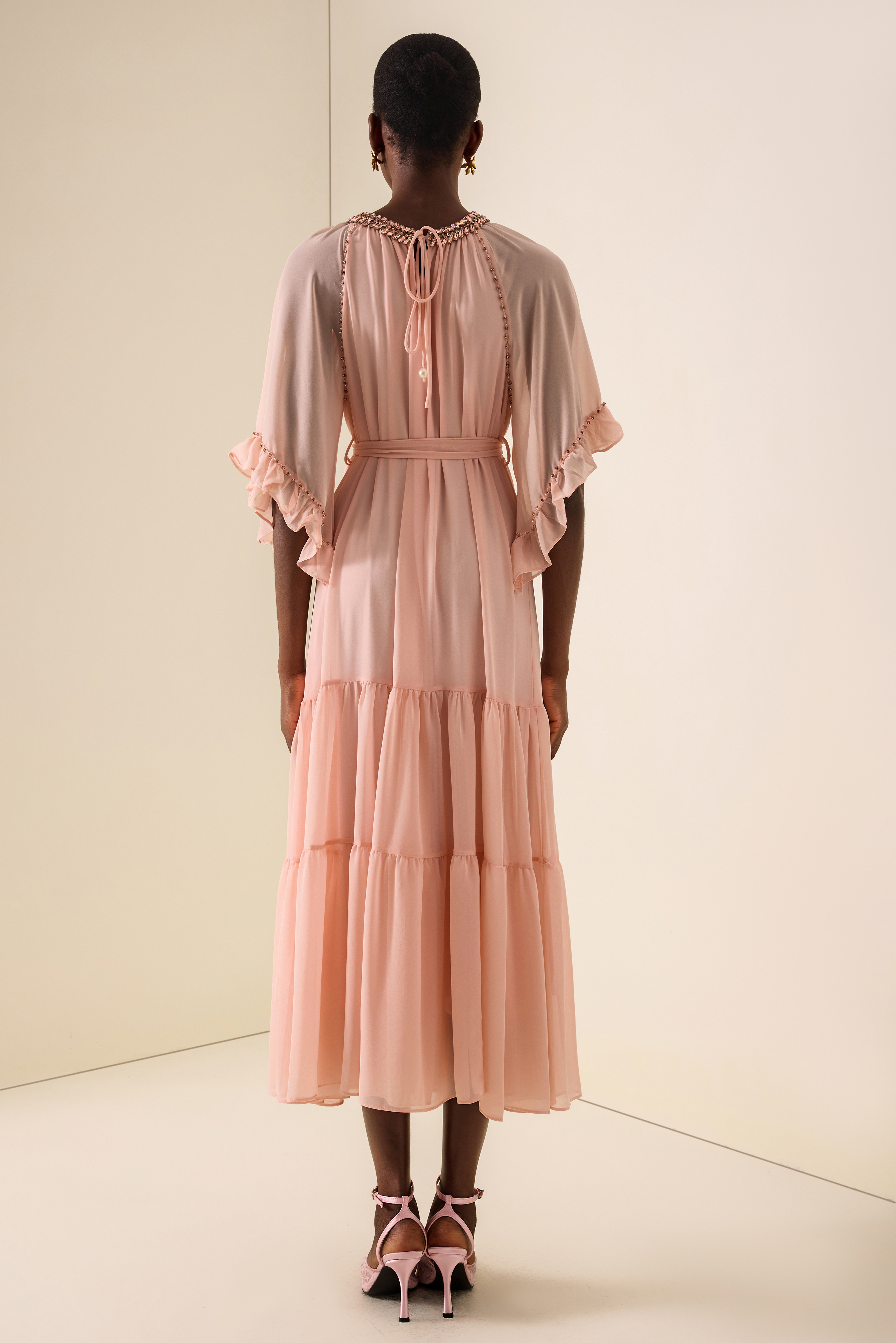Rhinestone Frill Lace-Up Midi Dress