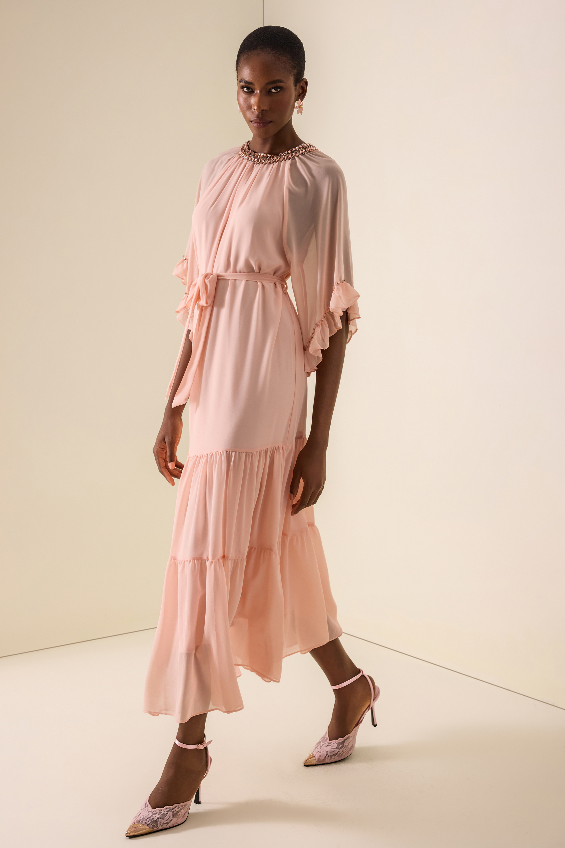 Rhinestone Frill Lace-Up Midi Dress