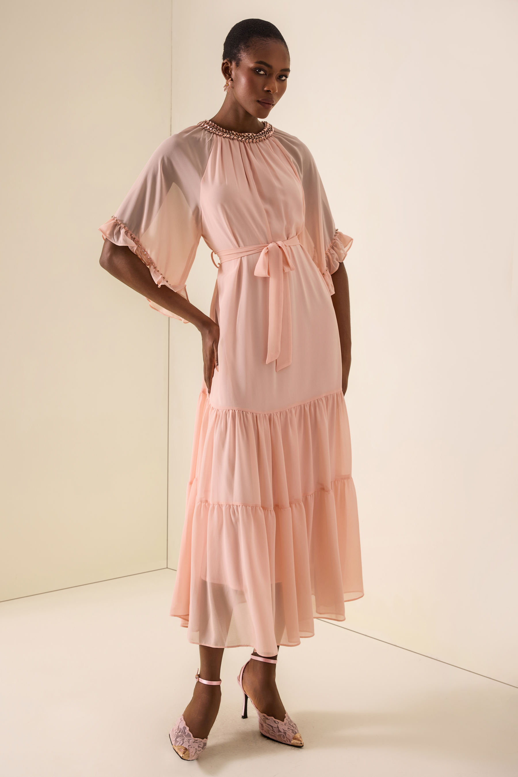 Rhinestone Frill Lace-Up Midi Dress