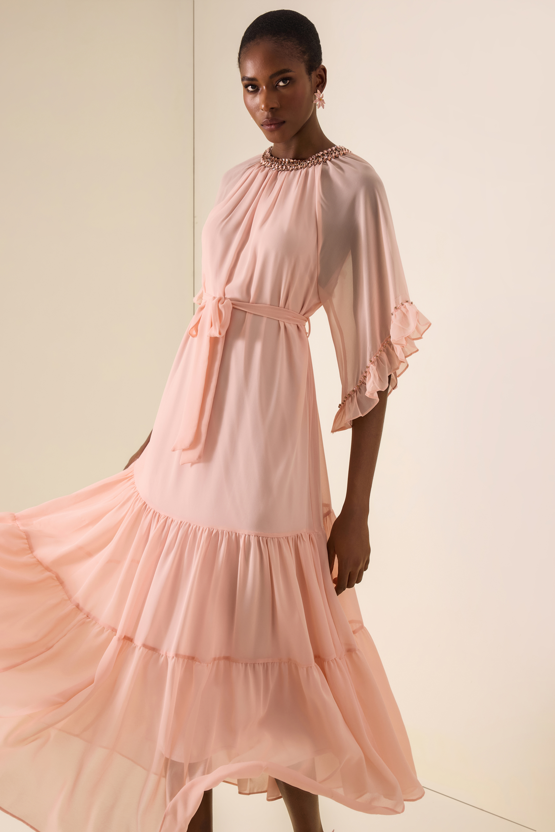 Rhinestone Frill Lace-Up Midi Dress
