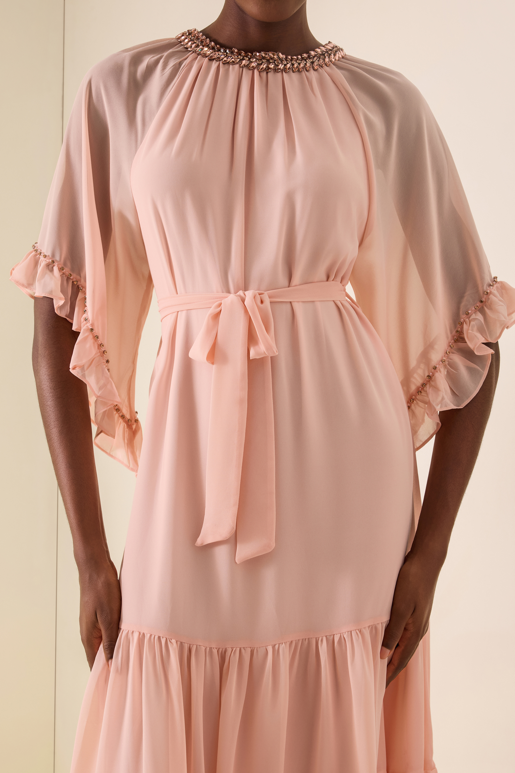 Rhinestone Frill Lace-Up Midi Dress