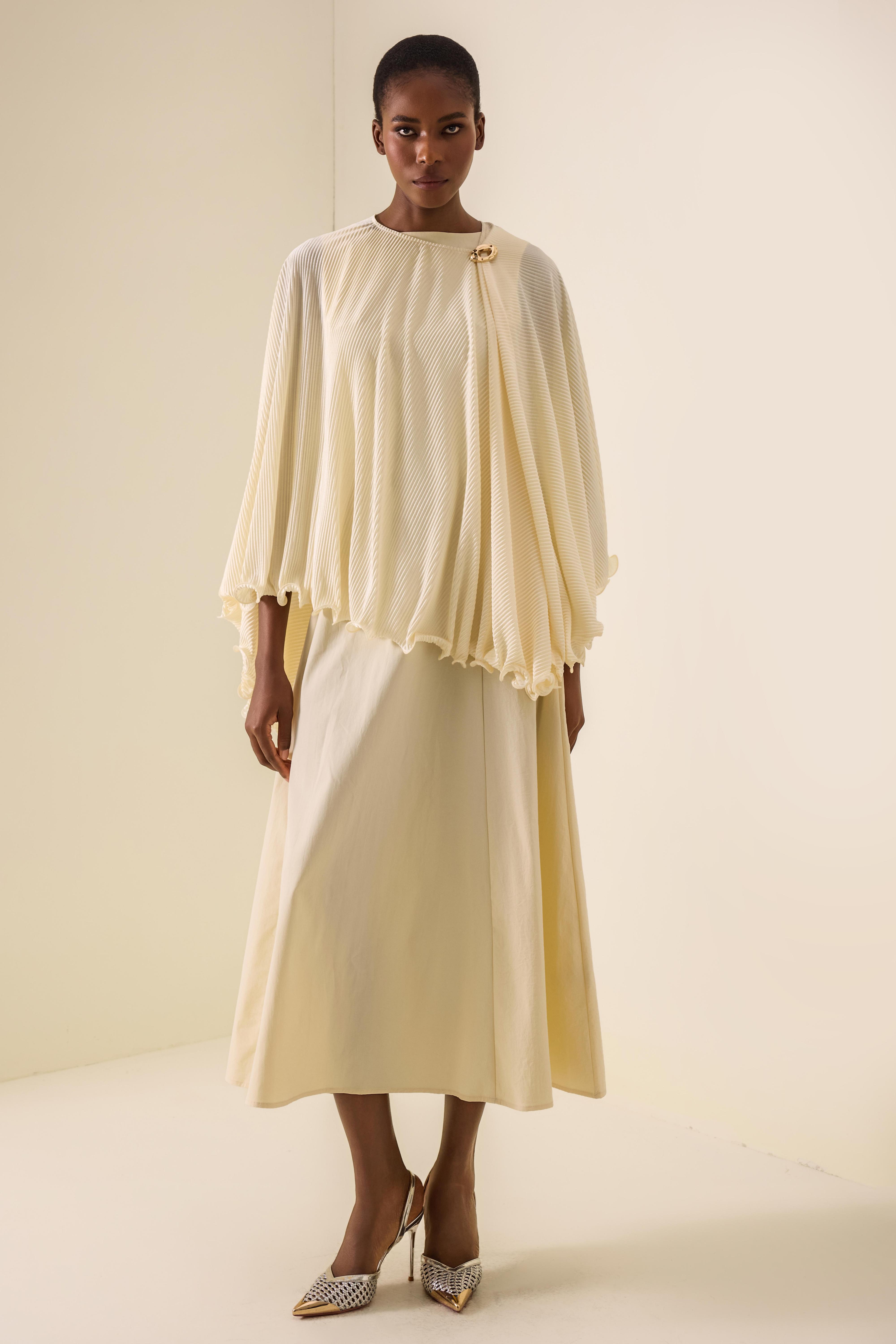 Pleated Metal Decorations Cape Top & Sleeveless Midi Dress Set