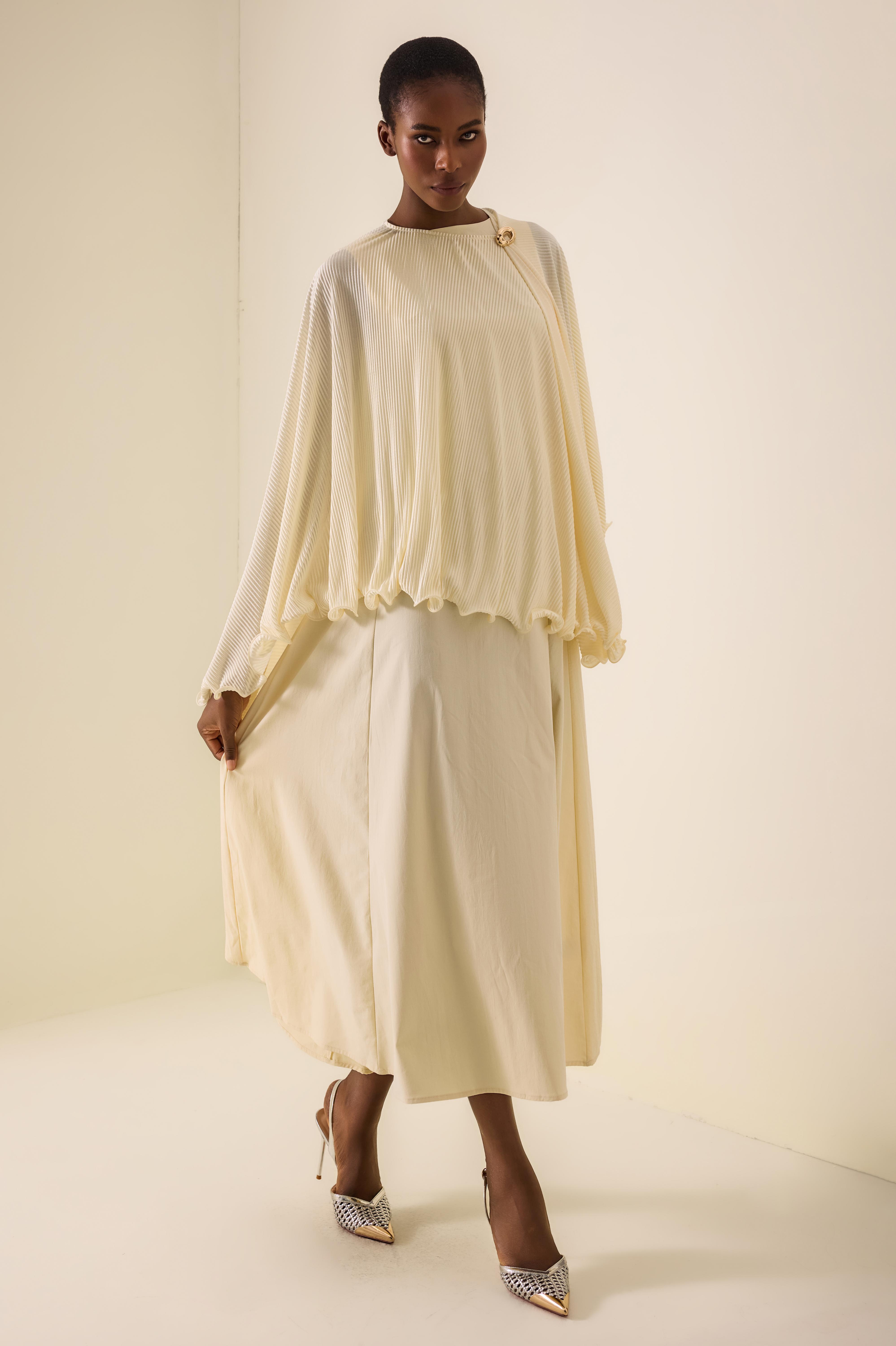 Pleated Metal Decorations Cape Top & Sleeveless Midi Dress Set