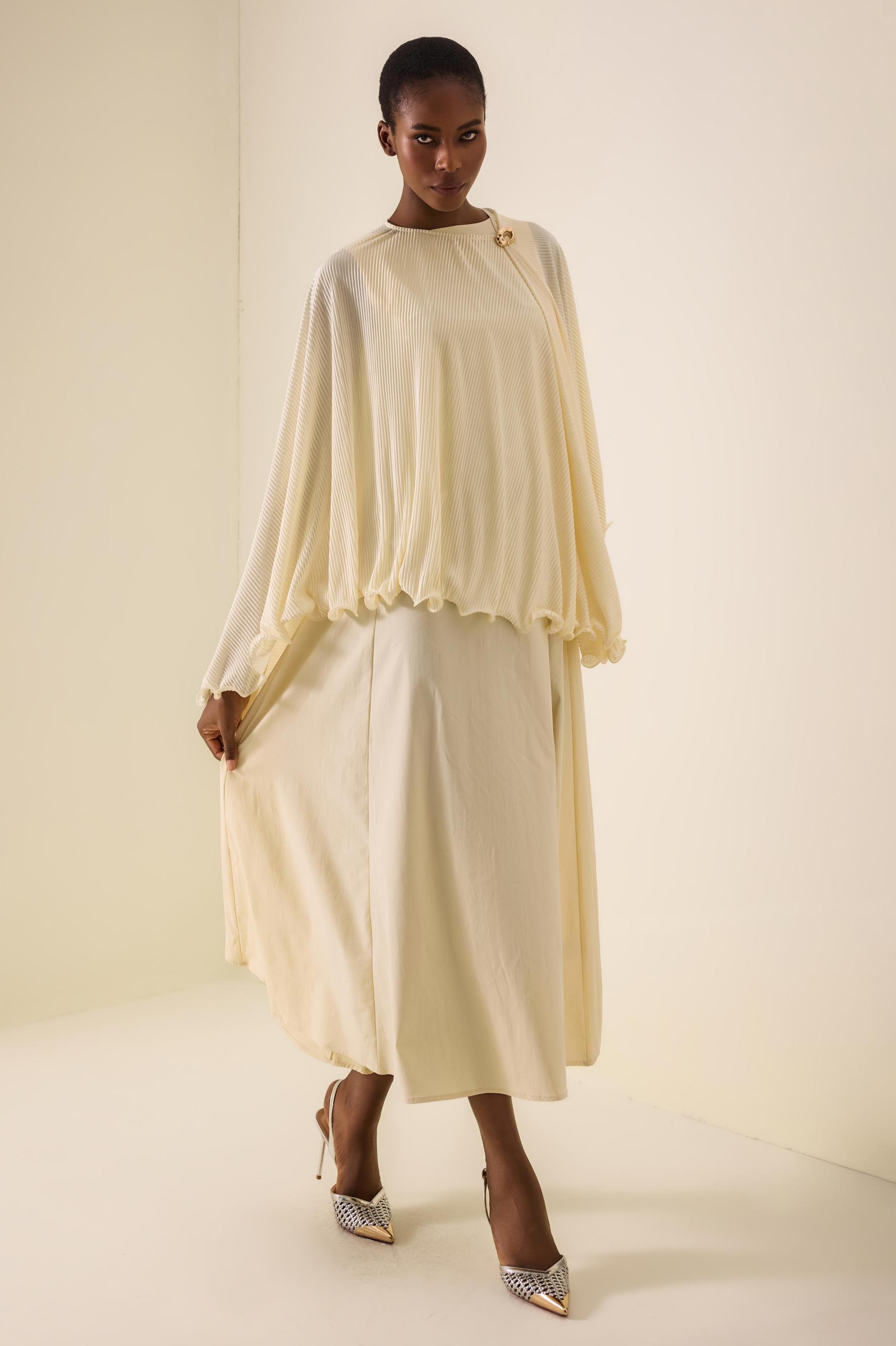 Pleated Metal Decorations Cape Top & Sleeveless Midi Dress Set