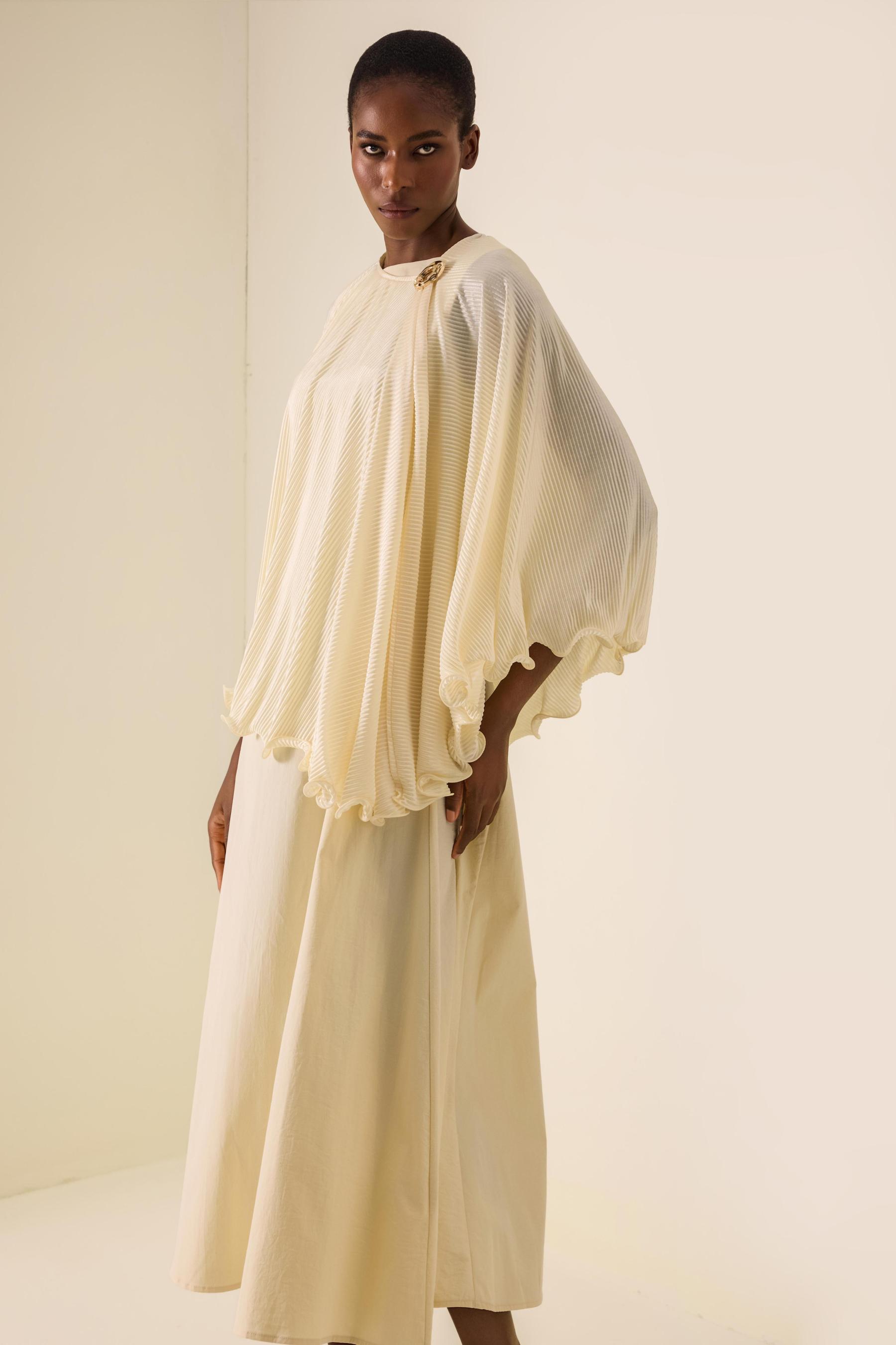 Pleated Metal Decorations Cape Top & Sleeveless Midi Dress Set