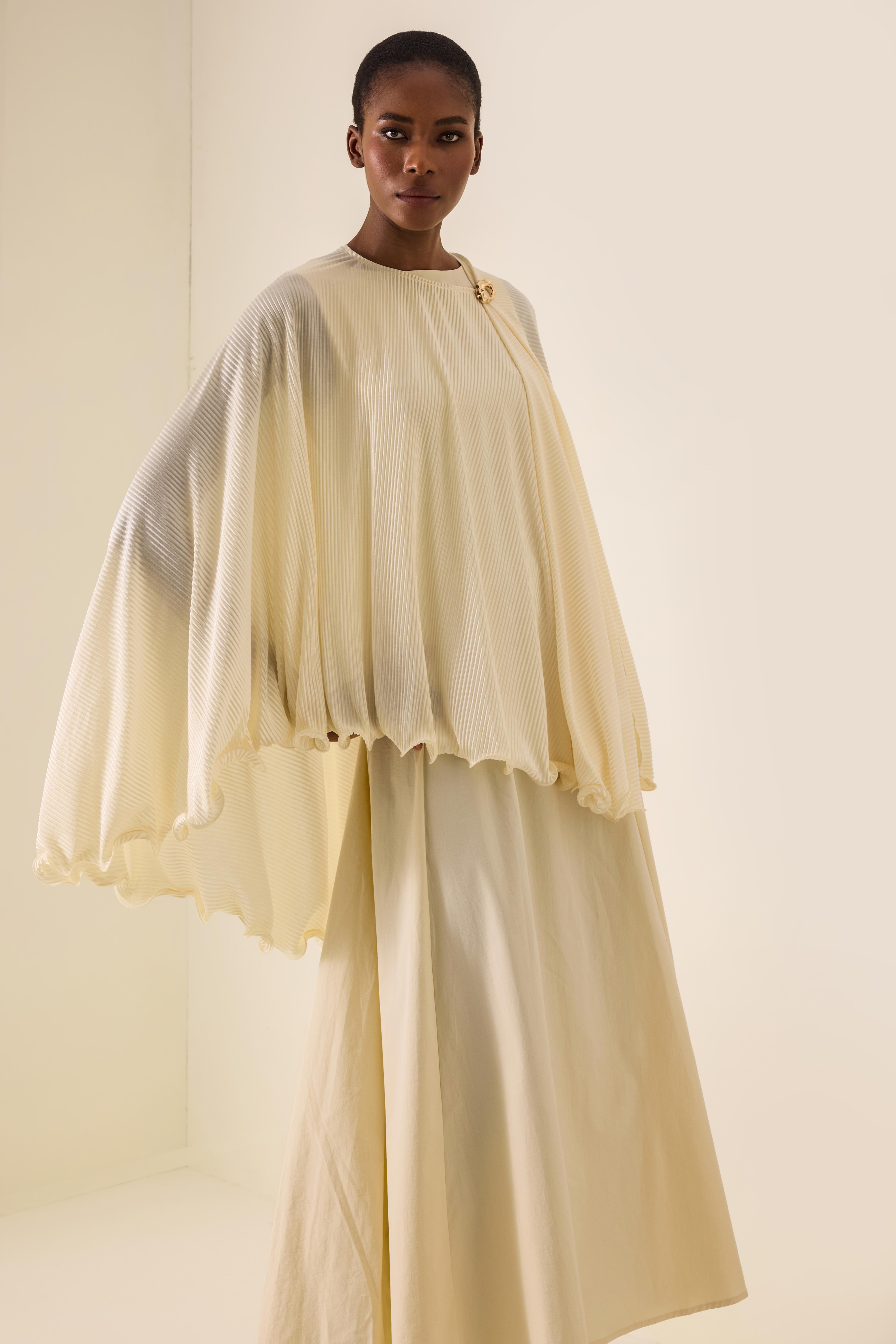 Pleated Metal Decorations Cape Top & Sleeveless Midi Dress Set